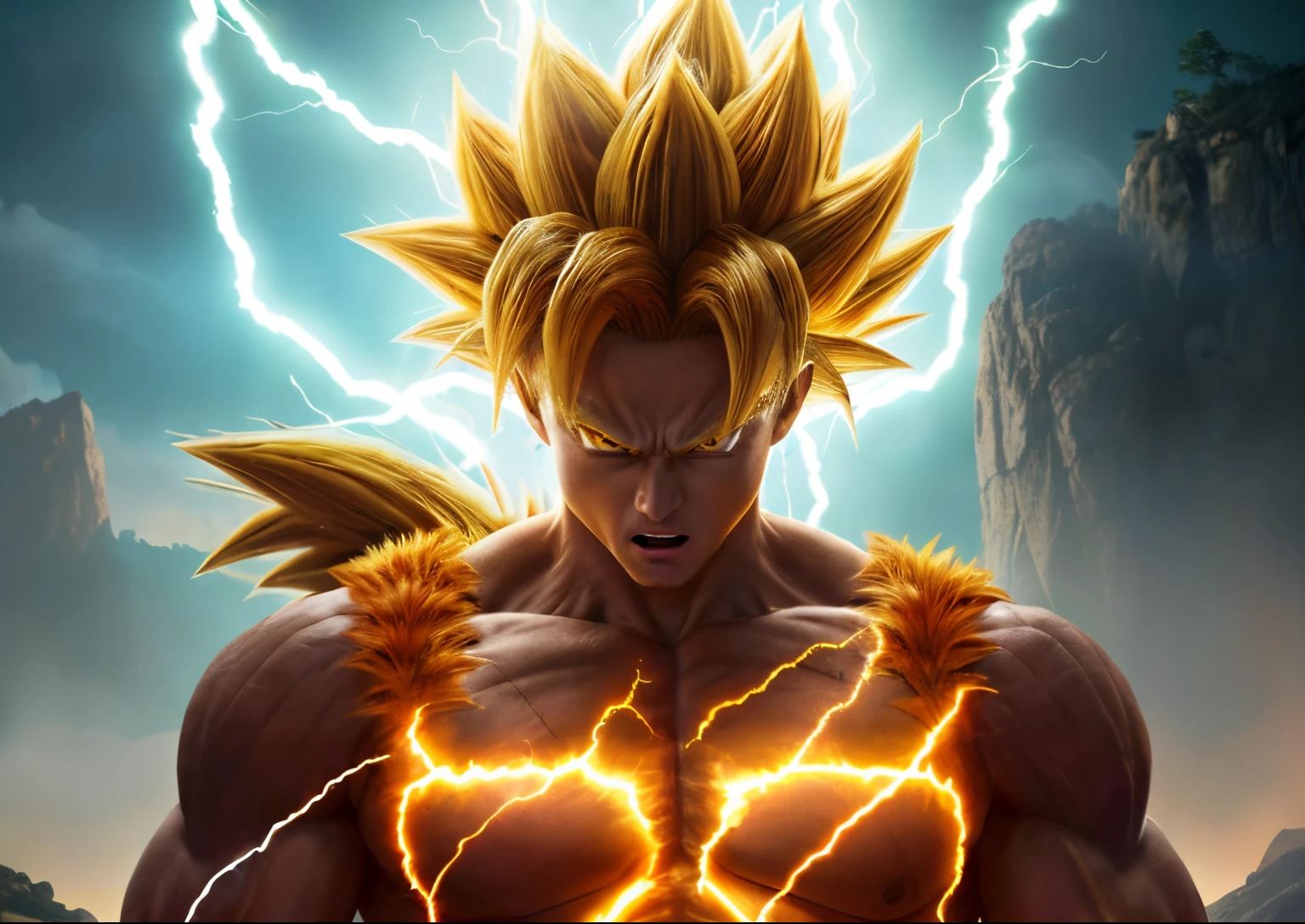 A close-up photo of a man who was struck by a lightning bolt in the chest, his eyes ignited by the lightning bolt  , Super Saiyan, Goku is a real human, super saiyan goku, Super Saiyan 3, Super Saiyan, Go Super Saiyan, broly, highly detailed portrait of goku, super saiyan goku, badass anime 8 k, 4K fierce expression, Gogeta, goku from dragon ball