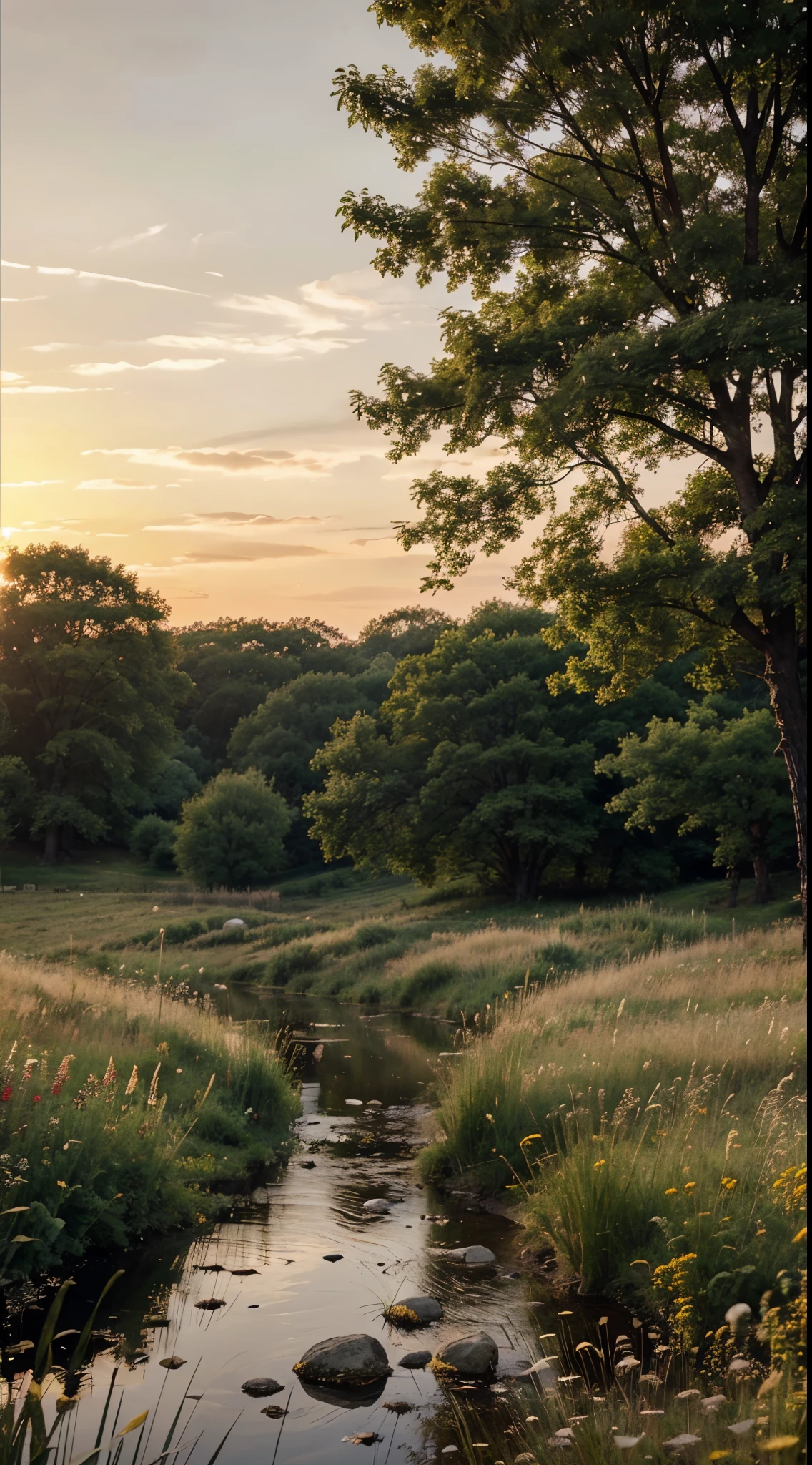 A peaceful meadow at sunrise, the soft golden light filtering through the trees and casting a warm glow on the wildflowers and tall grasses. A gentle breeze rustles the leaves and causes the grasses to sway, creating a soothing sound. In the distance, a small stream trickles over rocks and fallen branches, adding to the calming atmosphere. The air is crisp and fresh, and birdsong can be heard in the distance. The scene evokes a sense of tranquility and serenity, a moment of stillness in a busy world.