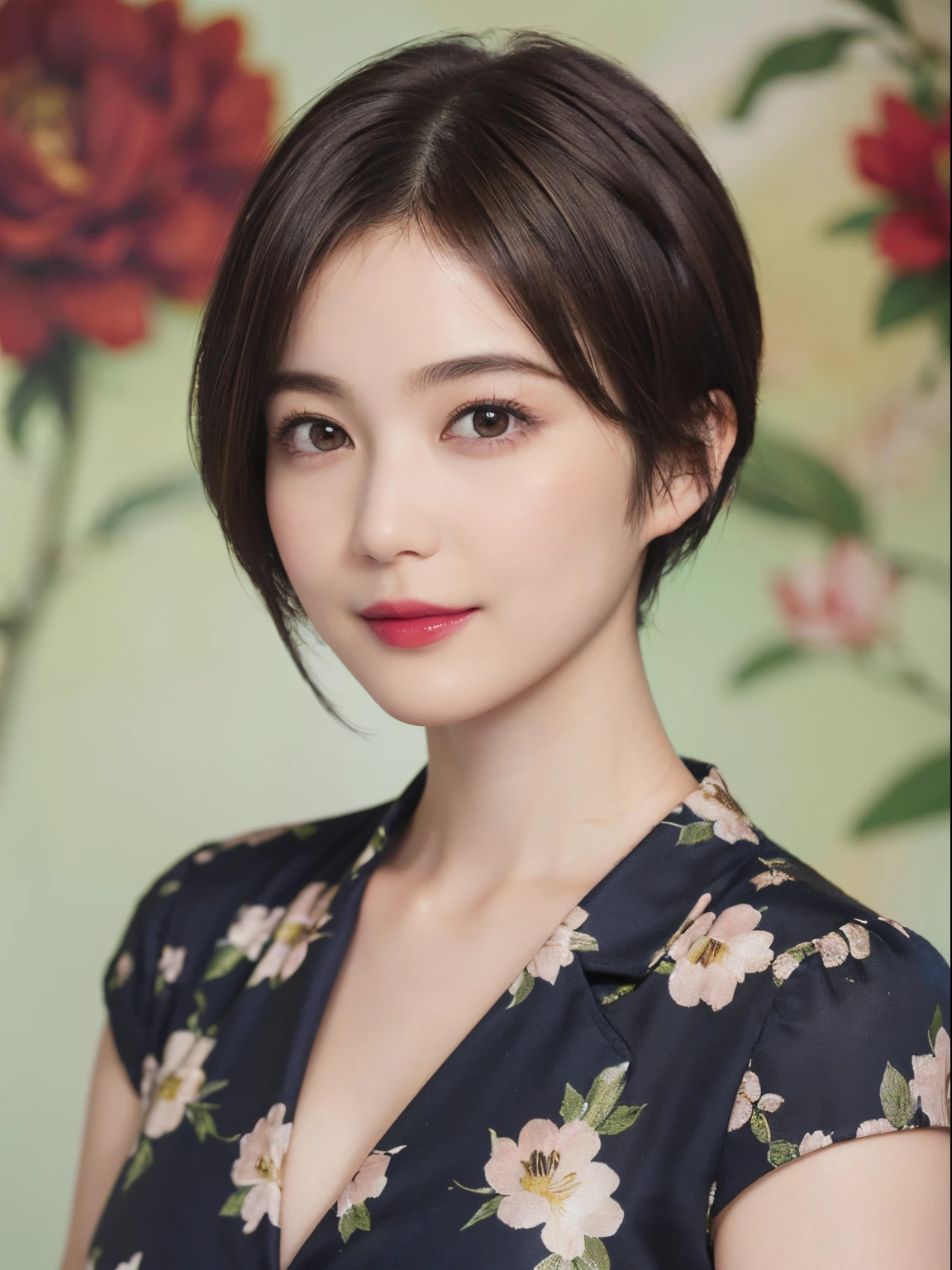 129
(a 20 yo woman, Standing), (A hyper-realistic), (high-level image quality), ((beautiful hairstyle 46)), ((short-hair:1.46)), (Gentle smile), (breasted:1.1), (lipsticks), (Large room), (florals), (Painterly)