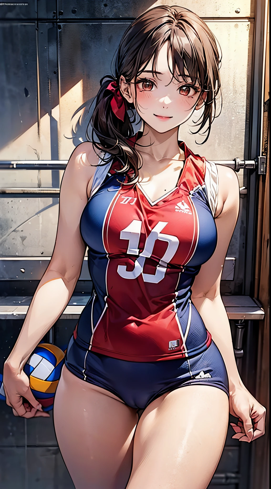 ((((perfect anatomy, anatomically correct, super detailed skin)))), 1 girl, japanese, , volleyball player, shiny skin, watching the view, 
 beautiful hair, beautiful face, beautiful detailed eyes, brown eyes, (long hair:1.7, side ponytail:1.5), babyface, monder eye, 
 beautiful collarbones, beautiful body, beautiful breasts, beautiful thighs, beautiful legs, large breasts:0.5, seductive thighs, cameltoe, bare arms, bare hands, bottomless, 
 ((symmetrical clothinetallic)), (((buruma), sleeveless volleyball uniform)), break, 
 smile, volleyball playing pose, 
 (beautiful scenery), evening, day, ((volleyball gymnasium, volleyball cort)), 
 (8k, top-quality, masterpiece​:1.2, extremely detailed), (photorealistic:1.2), beautiful illustration, natural lighting,