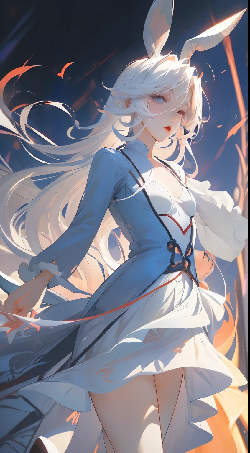 Anime style, albine woman white hair, iluminated blue eyes, big rabbit ears, red lips, perfect small breasts, walking forest, very pale albine white pale body