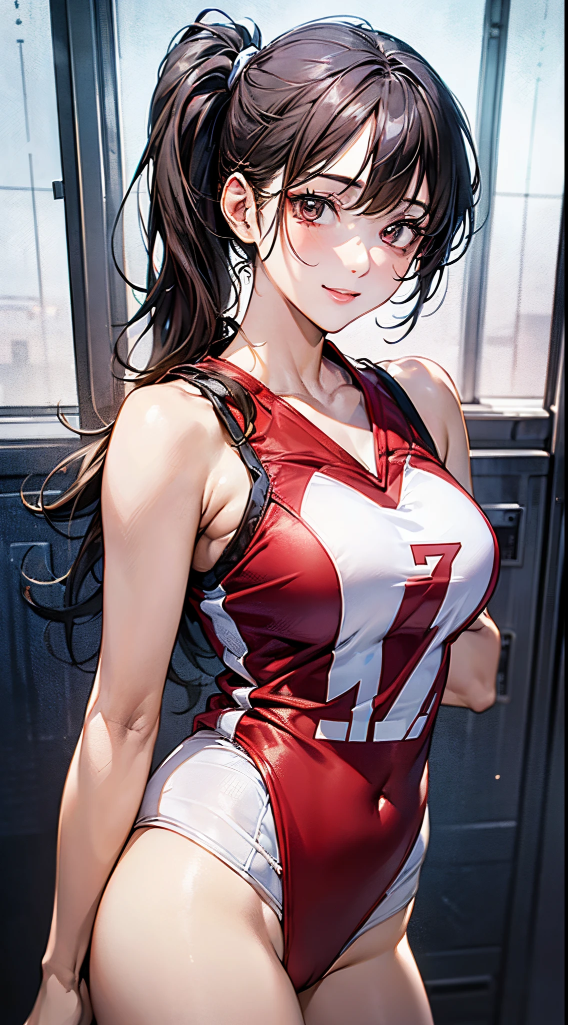 ((((perfect anatomy, anatomically correct, super detailed skin)))), 1 girl, japanese, , volleyball player, shiny skin, watching the view, 
 beautiful hair, beautiful face, beautiful detailed eyes, brown eyes, (long hair:1.7, side ponytail:1.5), babyface, monder eye, 
 beautiful collarbones, beautiful body, beautiful breasts, beautiful thighs, beautiful legs, large breasts:0.5, seductive thighs, cameltoe, bare arms, bare hands, bottomless, 
 ((symmetrical clothinetallic)), (((buruma), sleeveless volleyball uniform)), break, 
 smile, volleyball playing pose, 
 (beautiful scenery), evening, day, ((volleyball gymnasium, volleyball cort)), 
 (8k, top-quality, masterpiece​:1.2, extremely detailed), (photorealistic:1.2), beautiful illustration, natural lighting,