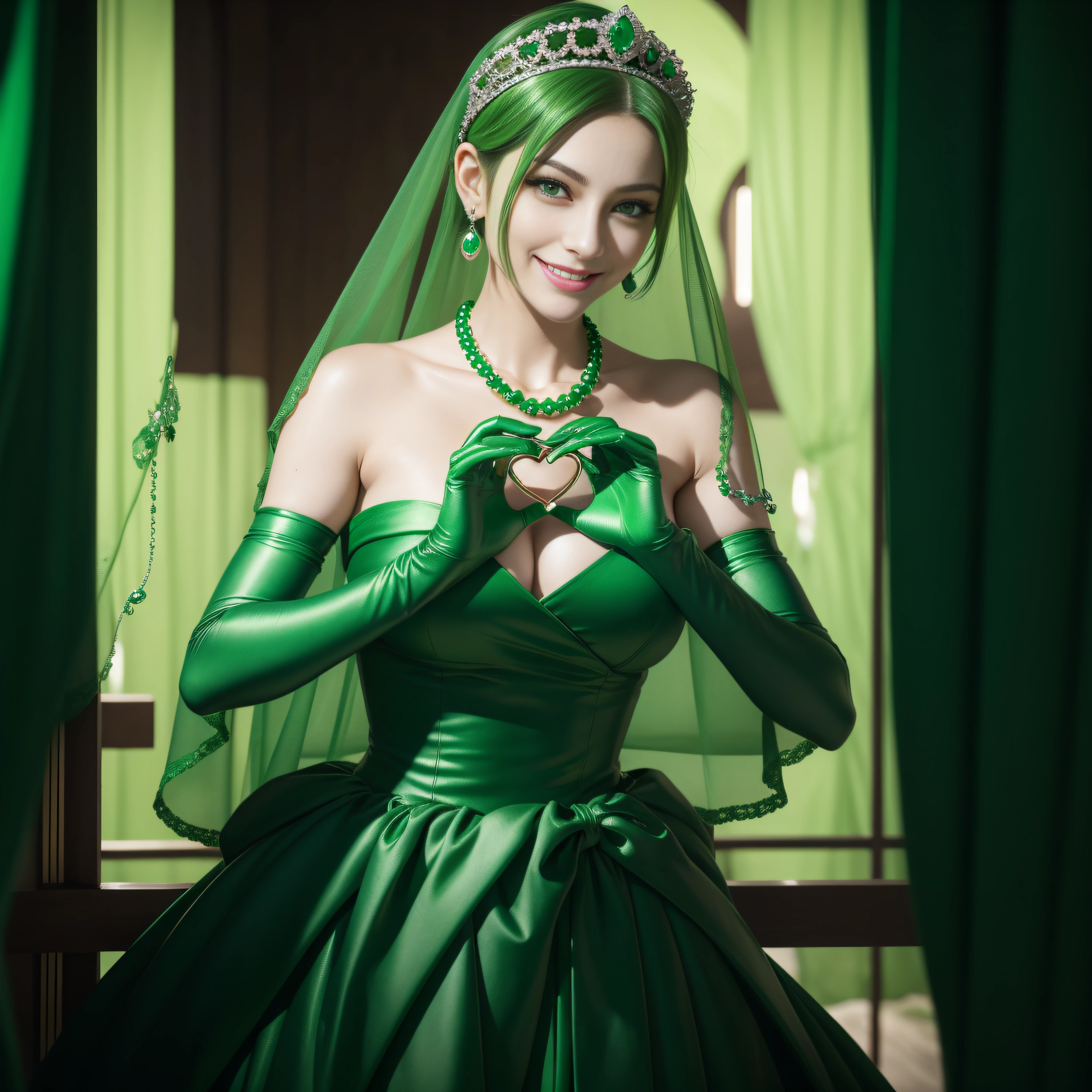 emerald tiara, Green Pearl Necklace, Boyish very short green hair, lipsticks, Japan woman smiling, very short short hair,  big breasts beautiful, Green eyes, Long green gloves made of satin material, Green eyes, Emerald Earrings, green vale, Heart with both hands, Green hair