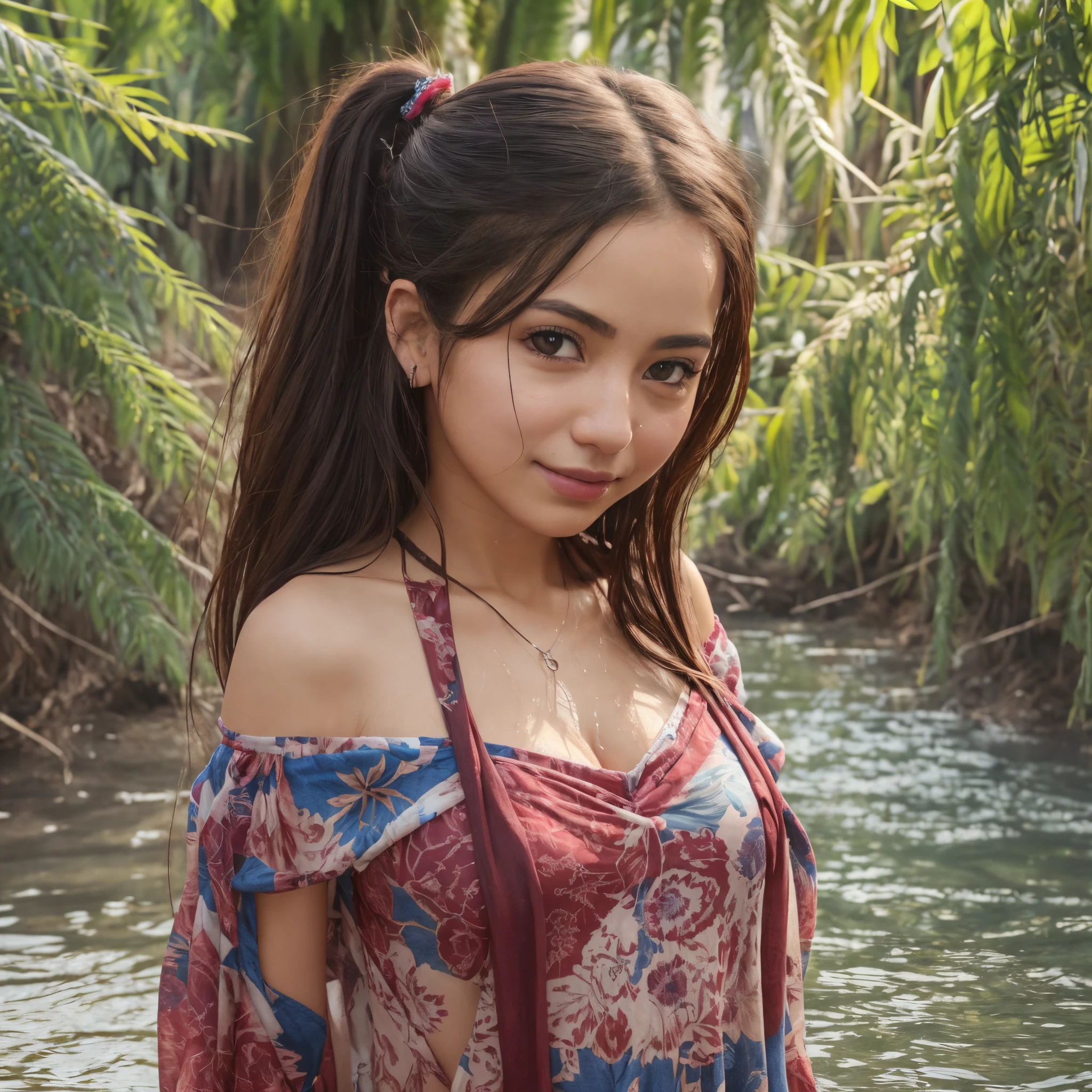 1girl, offshoulder, light smile, wet clothing, dripping wet, soaked, best quality, masterpiece, final fantasy x clothing style, (photorealistic:1.4), outdoors, summer