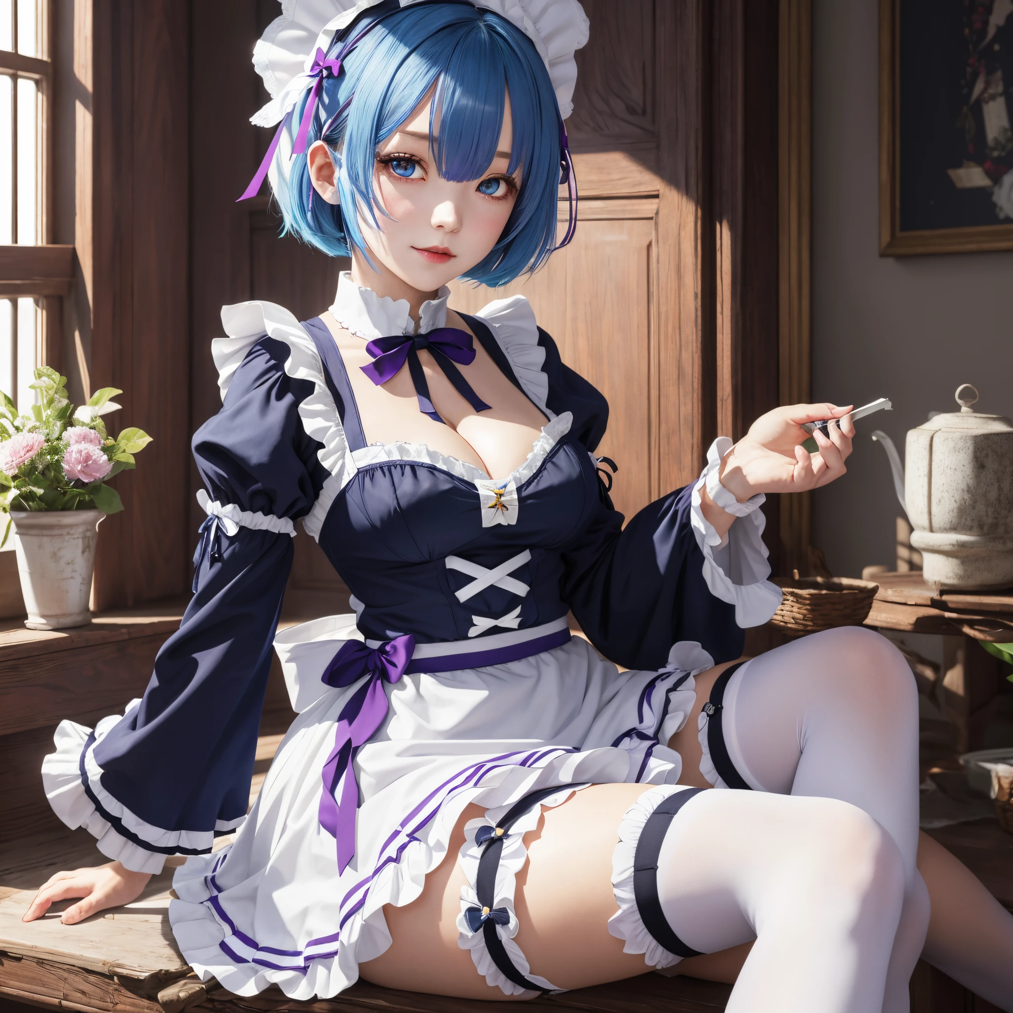 masterpiece, best quality, highres, ram1, 1girl, solo, rem \(re:zero\), blue hair, white thighhighs, short hair, red eyes, hair over one eye, ribbon trim, hair ribbon, x hair ornament, frills, maid headdress, waist apron, garter straps, black ribbon, , cleavage, long sleeves, white apron, neck ribbon, purple ribbon, wide sleeves, hair flower, indoors, sitting, crossed legs,