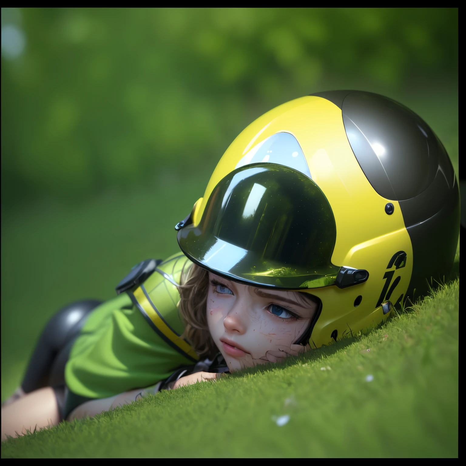 (best quality,highres,masterpiece:1.2),ultra-detailed, realistic,photorealistic:1.37, detailed eyes, detailed lips, extreme detail description, 1 boy, fallen off the bike, in pain, using a cyclist helmet, lying on the grass in the fetal position, animated movie, lush green surroundings, sunny day, vibrant colors, soft lighting