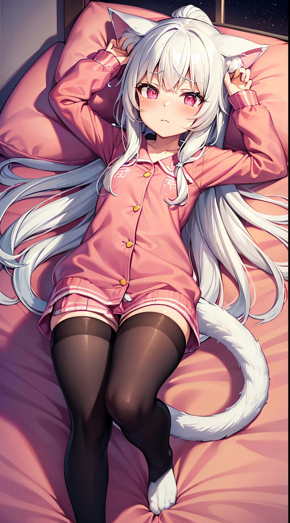 cat girl, cat tail, white hair, long hair, ponytail, pink eyes, pajama, blush, shy, surprised, arms up, lying on the bed, bedroom, night, moon