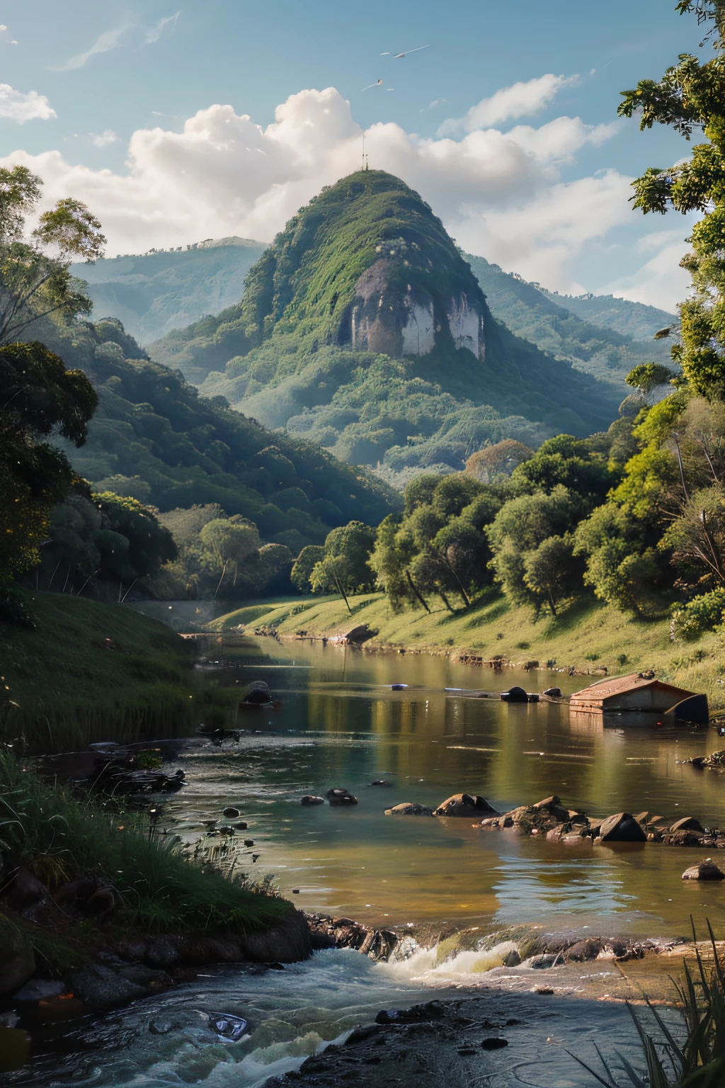 pintura de um rio que atravessa um vale verde exuberante com montanhas ao fundo, colinas fluidas, 8k resolution digital painting, 8k resolution digital painting, Pintura digital 4K, Pintura digital 4k, pintura digital detalhada, baixo detalhamento. pintura digital, Pintura Digital de Alto Detalhe, peaceful landscape, rio, trees and hills, pintura detalhada 4K, pintura digital 4k,chuva, ceu escuro
