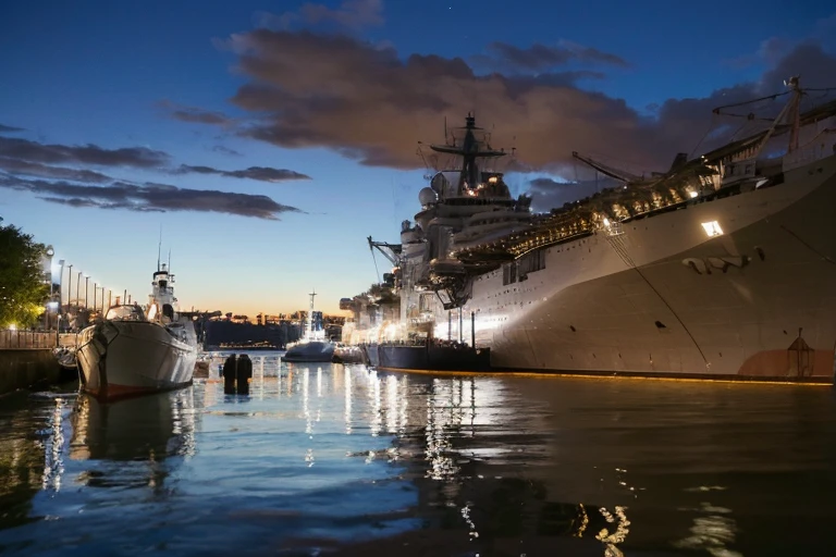 during night,Fide ship docked in port,full of lights, Looking at the spaceship on the pier, warships, natta, John Murdoch, Docked at the port, illustrious, hull, Complete details, Photos taken at night, Staring straight ahead, window shutters, ships, shot at night, Impeccable military coolness, ships in port, The photo shows a large