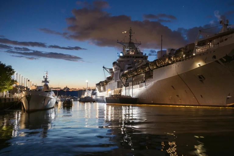 during night,Fide ship docked in port,full of lights, Looking at the spaceship on the pier, warships, natta, John Murdoch, Docked at the port, illustrious, hull, Complete details, Photos taken at night, Staring straight ahead, window shutters, ships, shot at night, Impeccable military coolness, ships in port, The photo shows a large