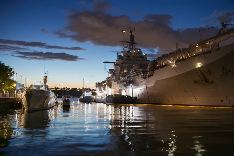 during night,Fide boat docked in port,full of lights, Looking at the spaceship on the pier, warships, natta, John Murdoch, Docked at the port, illustrious, hull, Complete details, Photos taken at night, Staring straight ahead, window shutters, ships, Shoot at night, Impeccable military cool, ship in port, The photo shows a large