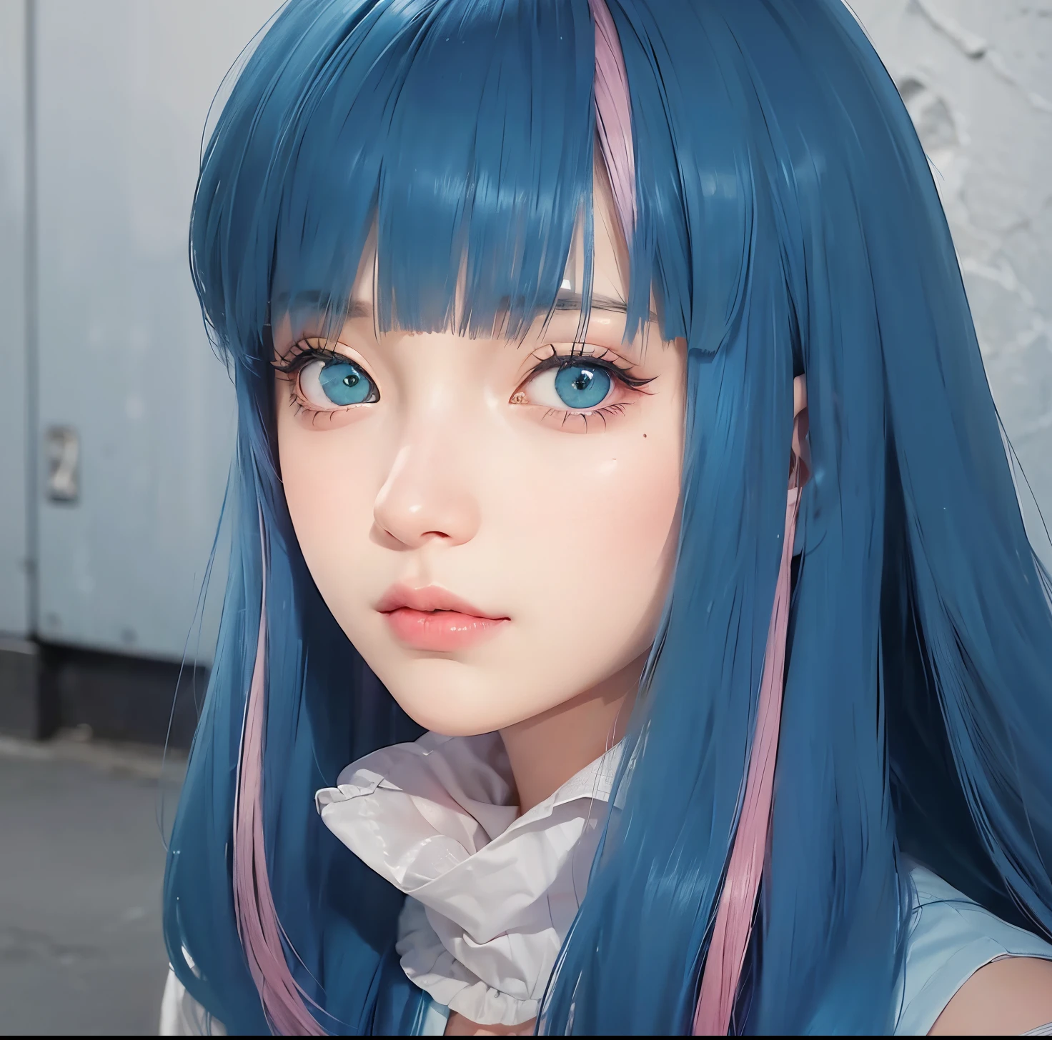 A girl with realistic blue and pink hair, (same realistic hairstyle), realistic pretty+cute face, realistic cool expression, adapt the same realistic clothes,realistic light, realistic shadows, realistic background, good image quality, very good image results, 4k, ultra detailed, realistic, realistic green eyes