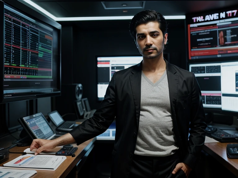 An persian thin man whose job is trading in trading studio with some tv showin chart.  With a height of 171 cm and short black hair.