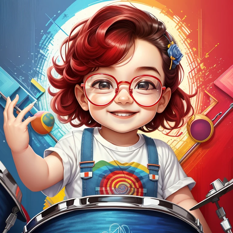 (cute  smiling with jeans, glasses playing drums) stylized identical to 1940 |)), acolchoamento ,multidimensional geometric wall PORTRAIT, arte, Chibi,
Yang016K, lindo,(( cor vermelha predominante, rosa e branco))
Primary works, qualidade superior, melhor qualidade, Arte Oficial, Lindo e Estetaduardo Kobra acolchoamento ,multidimensional geometric wall PORTRAIT, arte, Chibo,detalhes