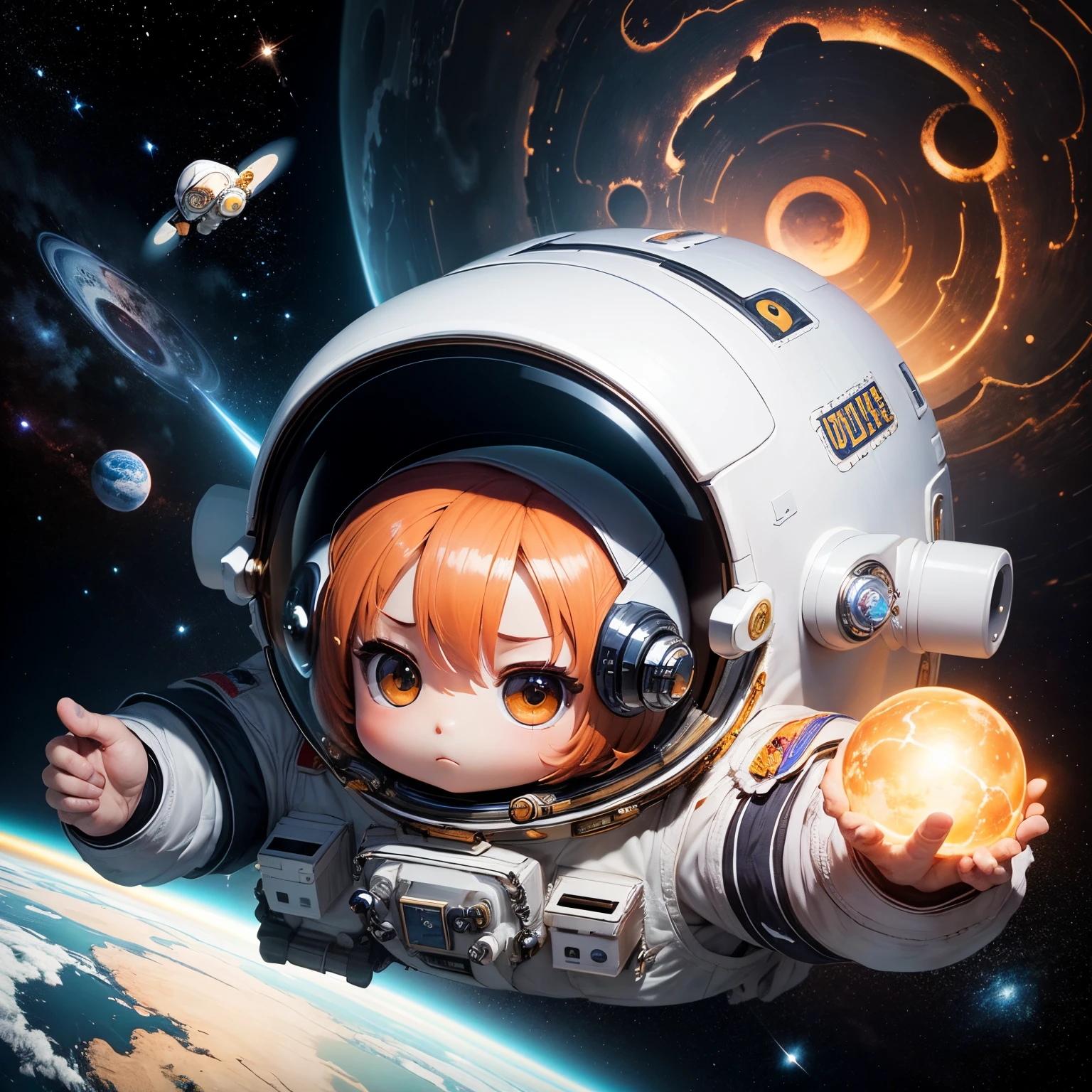 masterpiece、top-quality、ultra-detailliert、(Chibi character astronaut:1.2)、space astronaut 、intergalactic、planet earth、big bang