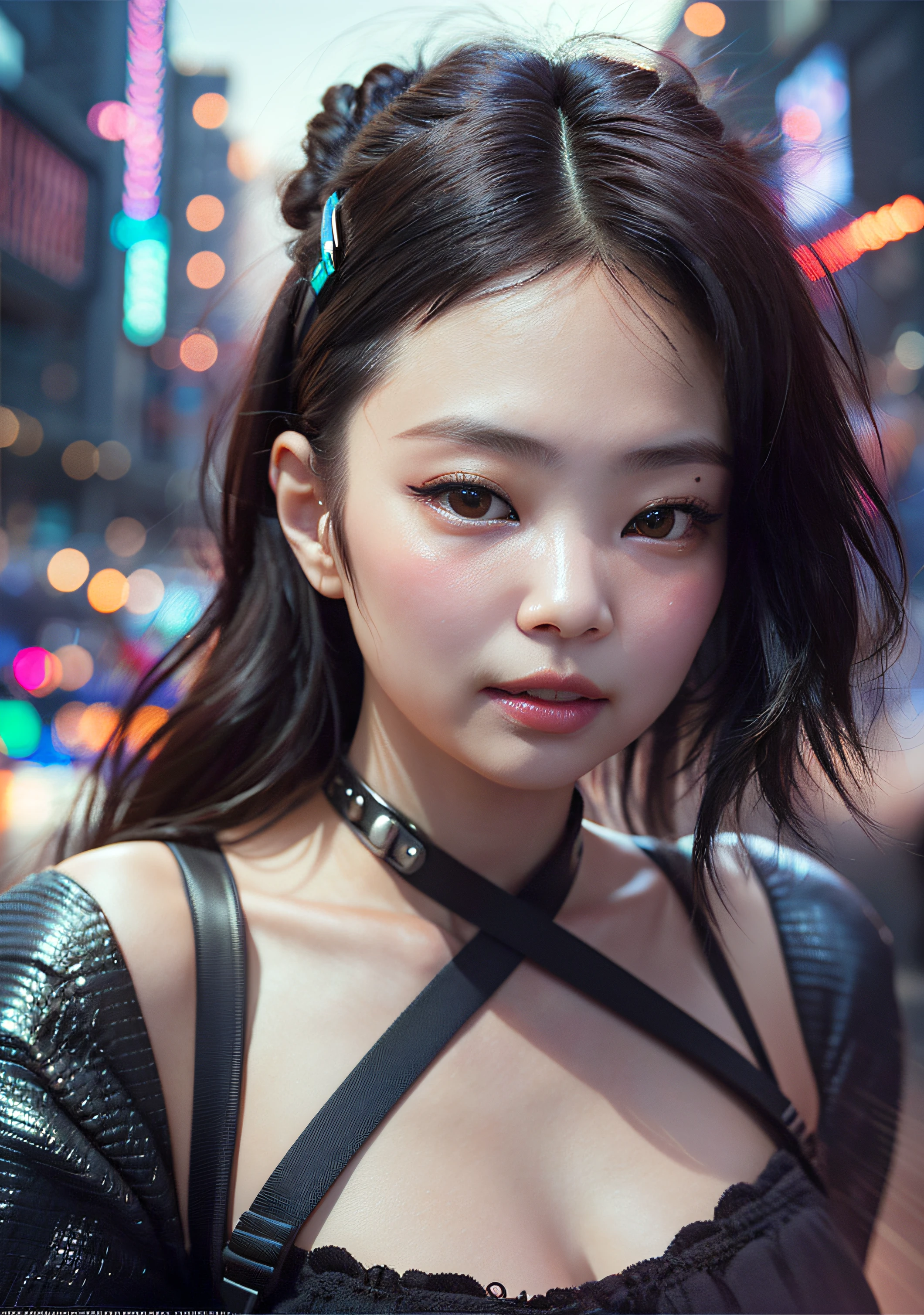 analog style, model shoot style, photo ((selfie:1.8)) of a girl, 1girl, (cyberpunk:1.8, cyberpunk city background:1.8), ((cutest face: 1.8, perfect face:1.3)), (long multicolored hair:1.4, pale skin:1.5),
(from above:1.2), best quality, epic (by lee jeffries photo, sony a7, 50 mm, pores:1.5, colors, hyperdetailed:1.5, film grain:1.4,
hyperrealistic: 1.5), hyper-realistic lifelike texture, masterpiece, unreal engine 5, Extremely detailed CG unity 8k wallpaper, realistic eyes,
Madly detailed photo, (ecstasy of light and shadow, deep shadow), (Winner of the Pulitzer Prize for Photography and Taylor Wessing Photographic Prize) Jennie Kim, sexy pose, whole body,