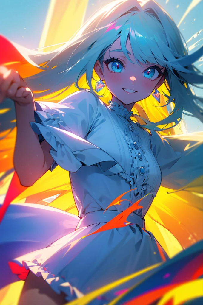 (masterpiece, highest quality, 8k, 4k, insane details, vibrant, aesthetic, 1girl), while long straight hair, light blue eyes, wearing a cute frilly dress, beach in the background, smiling, beautiful eyes, beautiful face, perfect body, perfect hands, cowboy shot