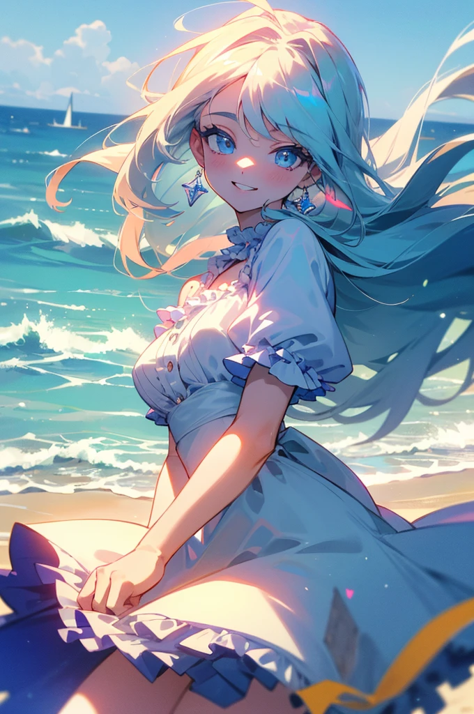 (masterpiece, highest quality, 8k, 4k, insane details, vibrant, aesthetic, 1girl), while long straight hair, light blue eyes, wearing a cute frilly dress, beach in the background, smiling, beautiful eyes, beautiful face, perfect body, perfect hands, cowboy shot