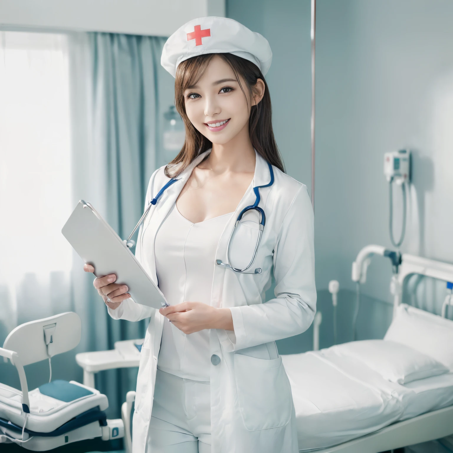 ((top-quality、masutepiece、8K、Top image quality、Bright lighting、Beautiful skin))、((1 nurse,Manteau blanc、Nurse Cap,authentic nurse cap、Full body white、pants style white coat、Nurse&#39;White pants、Perfect smile、A big smile staring at the camera、Looking at the camera、Standing in a hospital room、holding a clipboard、perfect clipboard、stand with a clipboard、Shoot in the knee、Her whole body))、((Breasts are big、hyperdetailed face、stethoscope、二重まぶた、White clean teeth、Breasts are big、Perfect makeup,Gentle expression、shiny lip、Detailed depiction of the background of the hospital room、Perfect litthing))