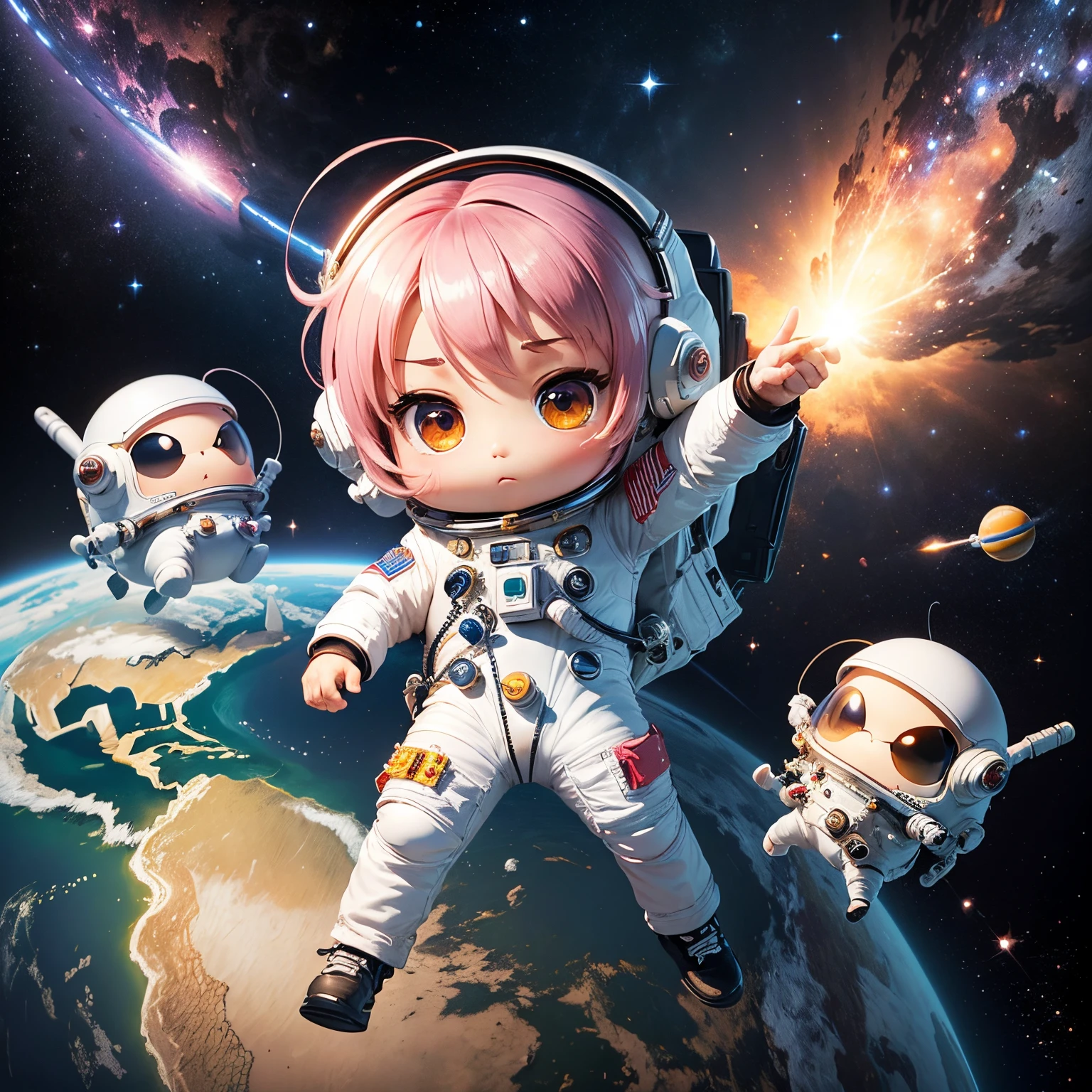 masterpiece、top-quality、ultra-detailliert、(Chibi character astronaut:1.2)、space astronaut 、anatomically perfect、intergalactic、(the only earth:1.3)