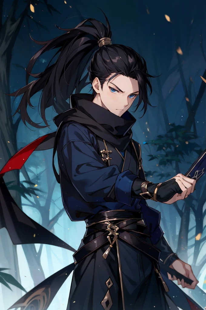 Anime boy with black hair and black clothes,Long gray hair，high ponytails，gilgamesh, grand order of destiny, style anime, Like fate/spend the night with, destiny / spend the night with, Portrait of a magical blond prince, handsome anime pose, Fate still stays at night, joseph joestar, male anime characters, author：Anime painter studio, 8K!