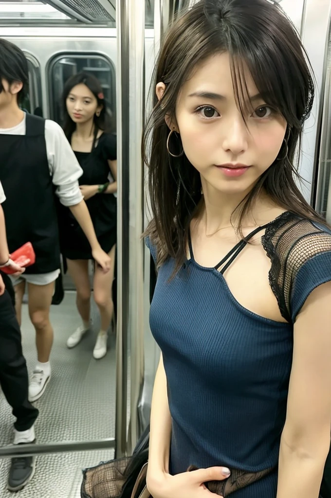 (High reality photograph, high resolusion, detailed face, detailed eyes, various angle) Japanese lady, 40 years old, cute face, skinny figure, very skinny waist, various hair style, tight mesh dress, standing in a train with the surrounding men, full-body photo