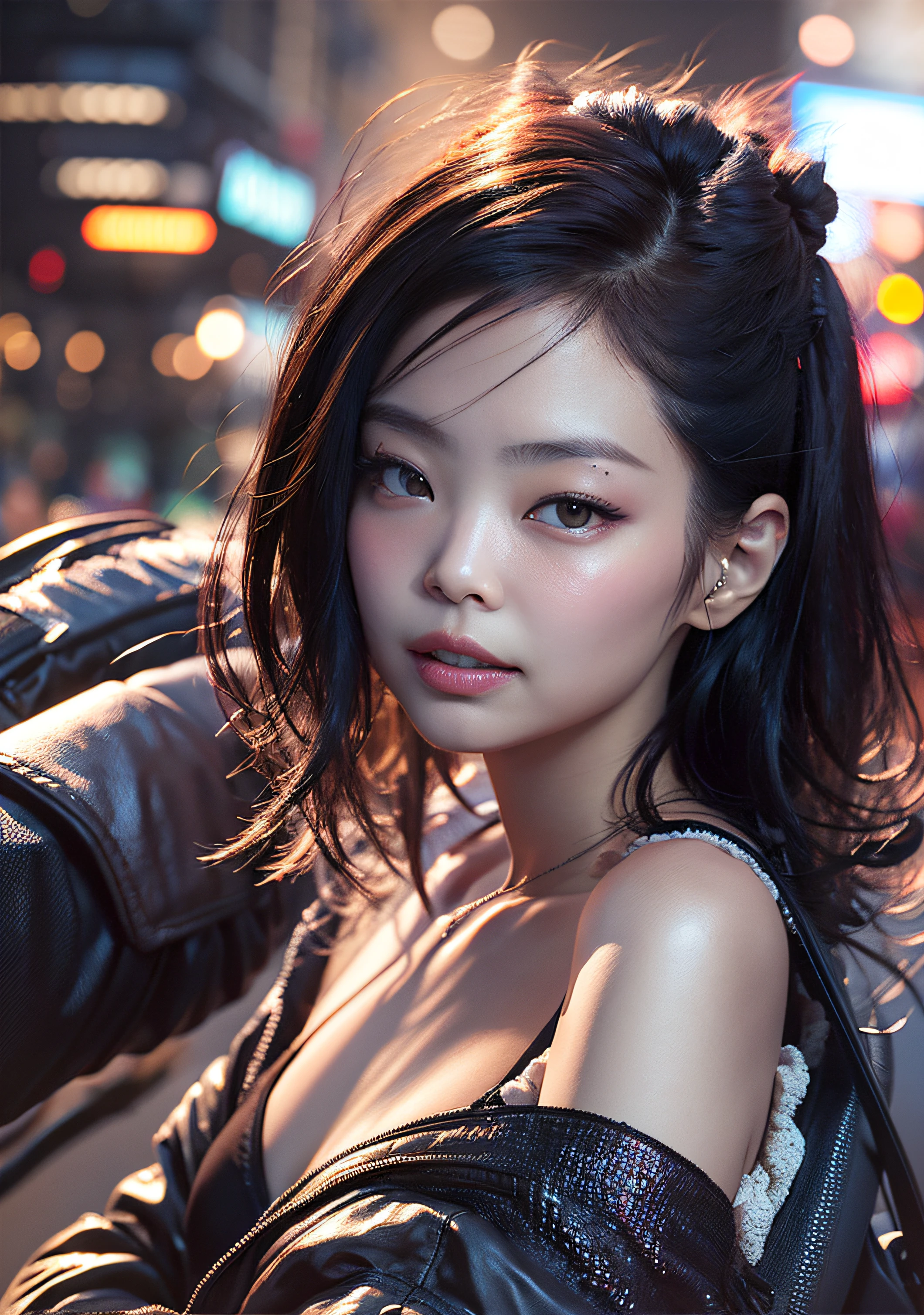 analog style, model shoot style, photo ((selfie:1.8)) of a girl, 1girl, (cyberpunk:1.8, cyberpunk city background:1.8), ((cutest face: 1.8, perfect face:1.3)), (long multicolored hair:1.4, pale skin:1.5),
(from above:1.2), best quality, epic (by lee jeffries photo, sony a7, 50 mm, pores:1.5, colors, hyperdetailed:1.5, film grain:1.4,
hyperrealistic: 1.5), hyper-realistic lifelike texture, masterpiece, unreal engine 5, Extremely detailed CG unity 8k wallpaper, realistic eyes,
Madly detailed photo, (ecstasy of light and shadow, deep shadow), (Winner of the Pulitzer Prize for Photography and Taylor Wessing Photographic Prize) Jennie Kim, sexy pose, whole body,