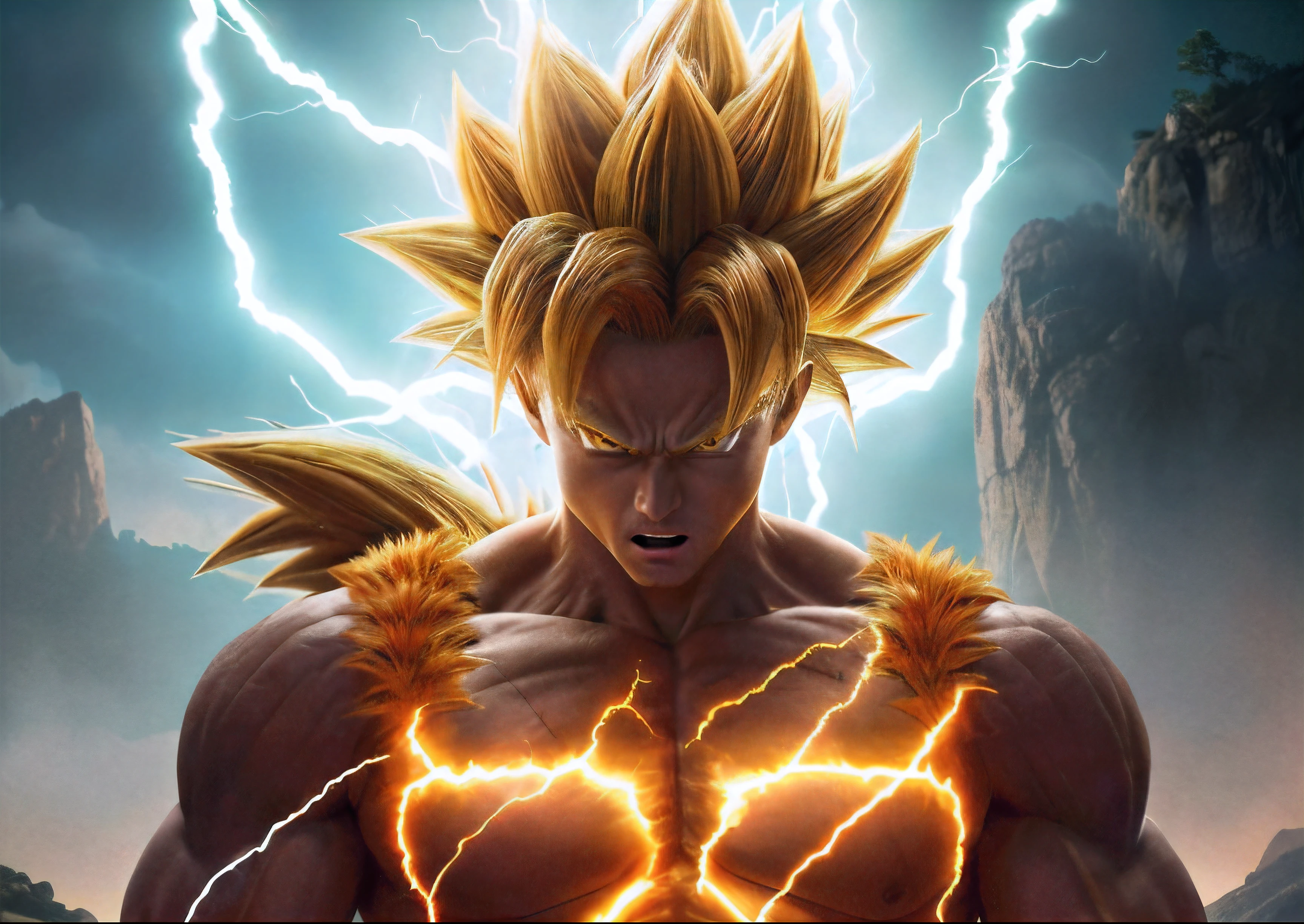 Close-up of a man struck in the chest by lightning, His eyes were lit by lightning , Super Saiyan, Goku is a real human being, super saiyan goku, Super Saiyan 3, Super Saiyan, Go Super Saiyan, broly, highly detailed portrait of goku, super saiyan goku, badass anime 8 k, 4K fierce expression, Gogeta, goku from dragon ball
