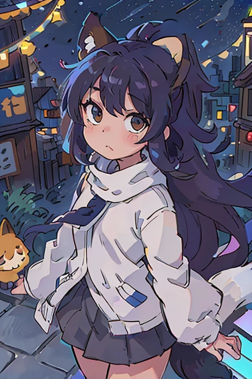 Anime style, al aire libre, 1pared, wide angle,1girl, beautiful little girl, cabello color negro con luces blancas, ojos heterocromia azul y amarillo, orejas de zorro, kemonomimi, cola de zorro, fox tail, Cabello coletas largas, trenzas largas, bashful, avergonzado, blushed, wide angle, Pov, desde arriba, En pie, bufanda en cuello, bufanda grande en cuello, abrigo calido, abrigo grande, clima nevado, christmas city background, ciudad moderna, christmas glowing lights, (bien), rayos de luz, resplandecer, (Obra maestra), papel tapiz