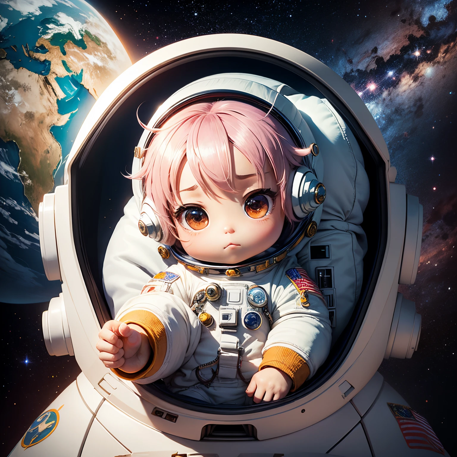 masterpiece、top-quality、ultra-detailliert、(Chibi character astronaut:1.2)、space astronaut 、anatomically perfect、intergalactic、(the only earth:1.3)Lifting