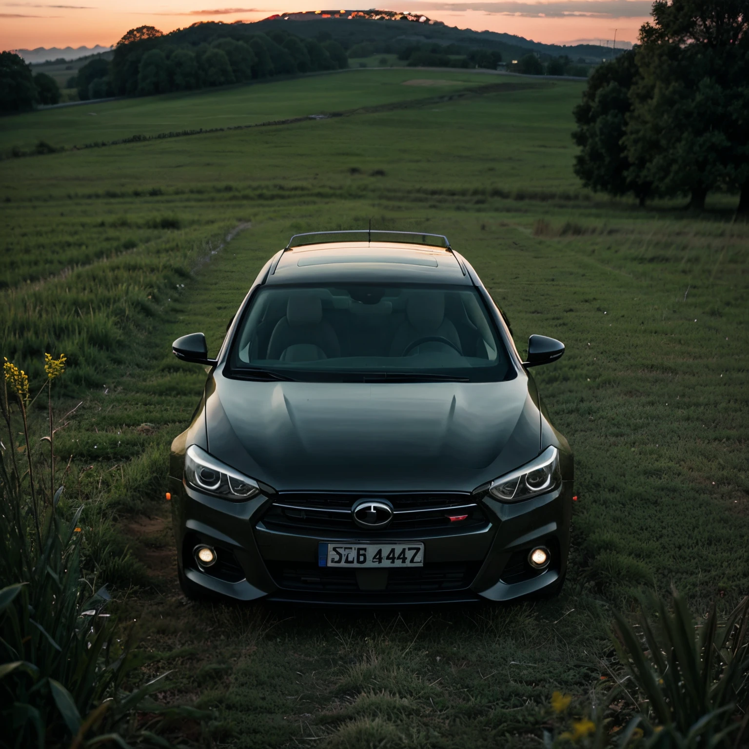 A car in the middle of a field at night time