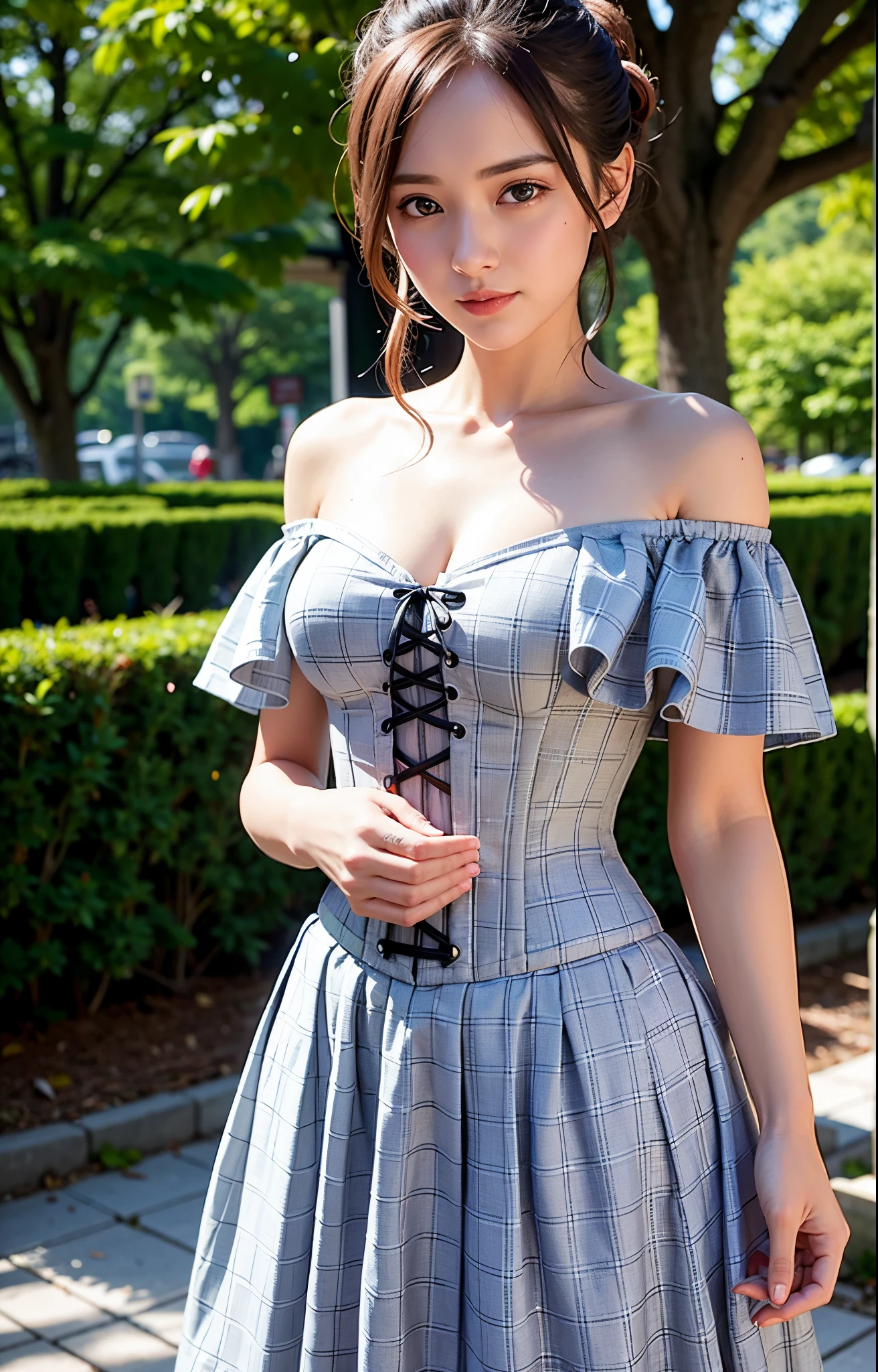 (Lower your clothes so you can see your breasts),(Turn up your skirt so you can see your obscene parts),(nude),(((Bangesium'parted hair))), top-quality, 8K, nffsw, Hi-Res, absurderes:1.2, blurry backround, bokeh dof:1.2, a picture, (Raw photography:1.2), (Photorealsitic:1.4), (gray check long skirt:1.3),(beige fluttering shirt:1.3),(Gray Check Corset:1.3)、(masterpiece:1.3), (intricate detailes:1.2), 1girl in, 独奏, Chinese girl, Delicate and beautiful details, (A detailed eye), (detailed facial features), 小柄, (((tiny chest))), Tight skin, ((up looking_で_viewer)), from a_front, (skiny), (top-quality:1.4), (超A high resolution:1.2), cinematric light, (Extremely detailed illustrations)、(lipgloss、top-quality、超A high resolution、depth of fields、caustic road lighting、Natural Shading、85 mm、F / 1.4、ISO 200、1 / 160 seconds:0.75)、(((White off-the-shoulder dress)))、