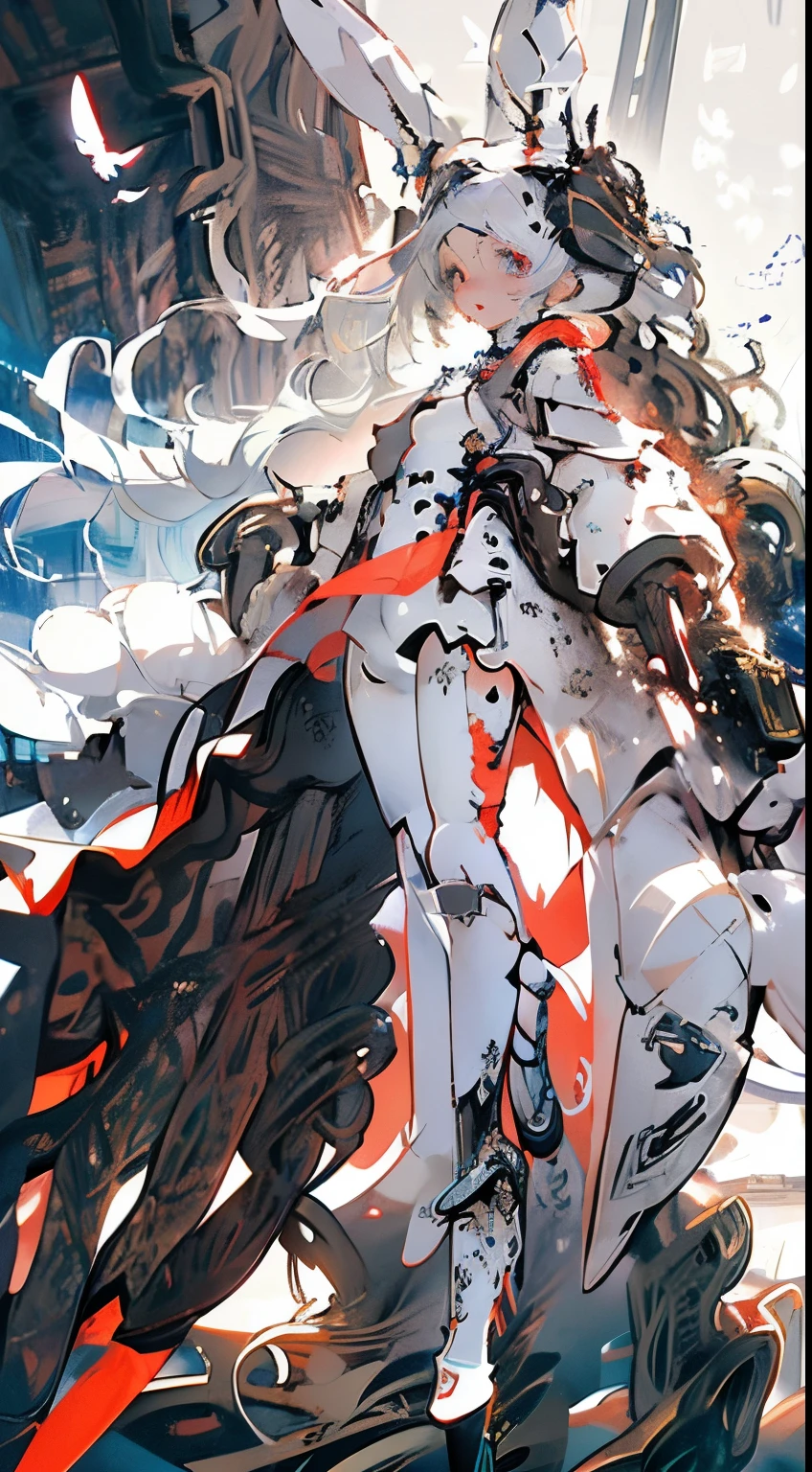 Anime style, albine woman white hair, iluminated blue eyes, big rabbit ears, red lips, perfect small breasts, walking forest, very pale albine white pale body