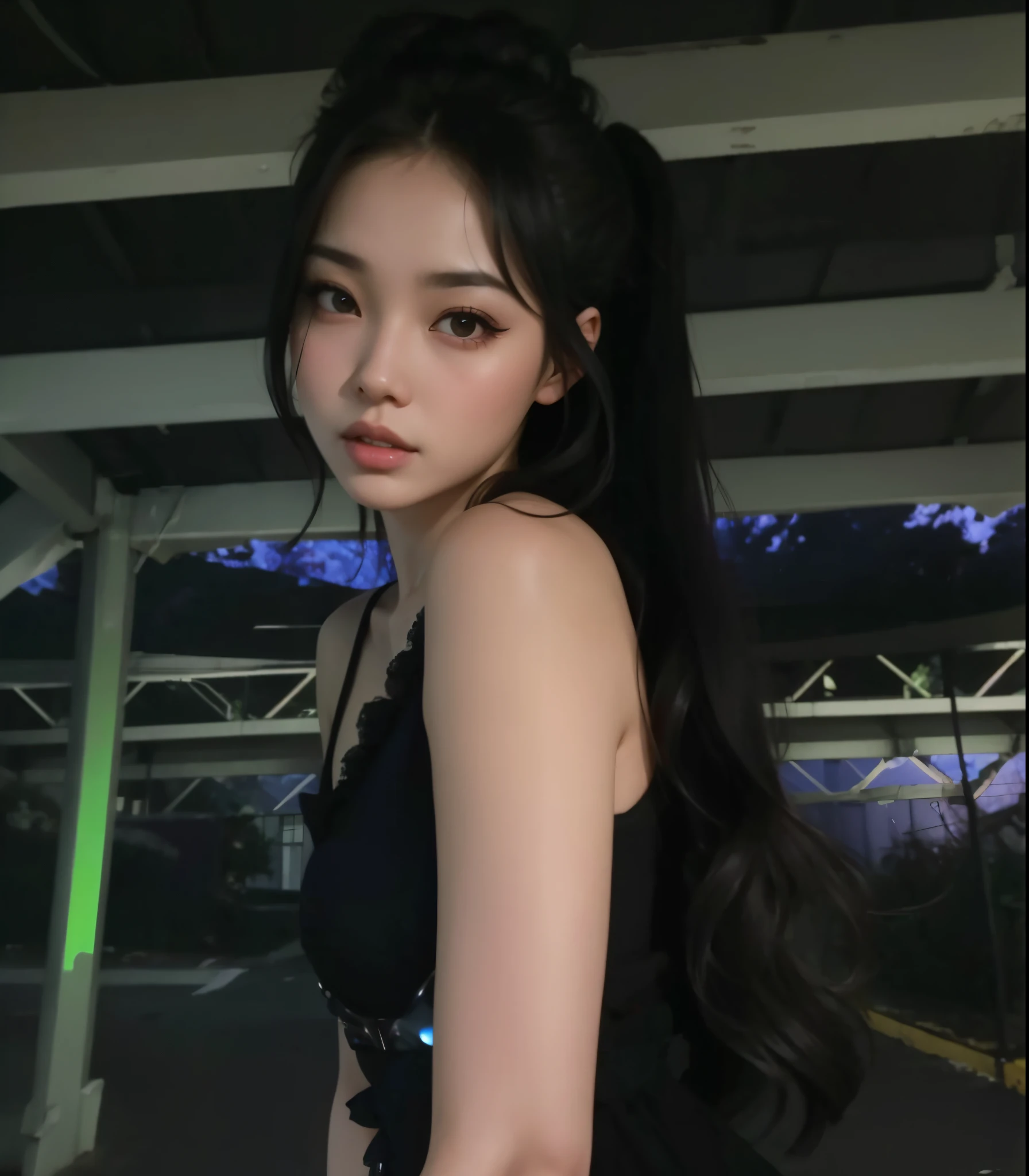 Un primer plano de una mujer con cabello largo con un vestido negro, ulzzang, Asian girl with long hair, Chica coreana, Hermosa joven coreana, con el pelo largo, Hermosa mujer surcoreana, Hermosa joven coreana, beautiful asian girl, cruel korean goth girl, Cola de caballo larga y negra, con cabello largo y ojos penetrantes, Ilya Kuvshinov con cabello largo