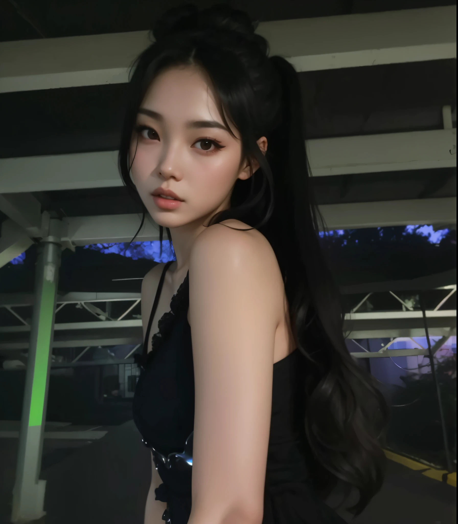 Un primer plano de una mujer con cabello largo con un vestido negro, ulzzang, Asian girl with long hair, Chica coreana, Hermosa joven coreana, con el pelo largo, Hermosa mujer surcoreana, Hermosa joven coreana, beautiful asian girl, cruel korean goth girl, Cola de caballo larga y negra, con cabello largo y ojos penetrantes, Ilya Kuvshinov con cabello largo