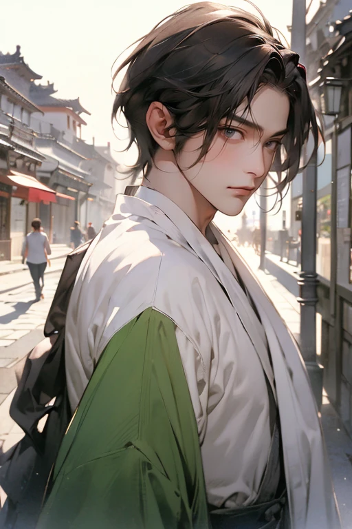 masutepiece, Best Quality, 8K, Cinematic Light, 超A high resolution, chinese art, Chinese paintings, 1boy, Upper body, in a street,short-hair、Short hair、Looking at the camera、Look more towards me、Show me the whorl、body more forward、