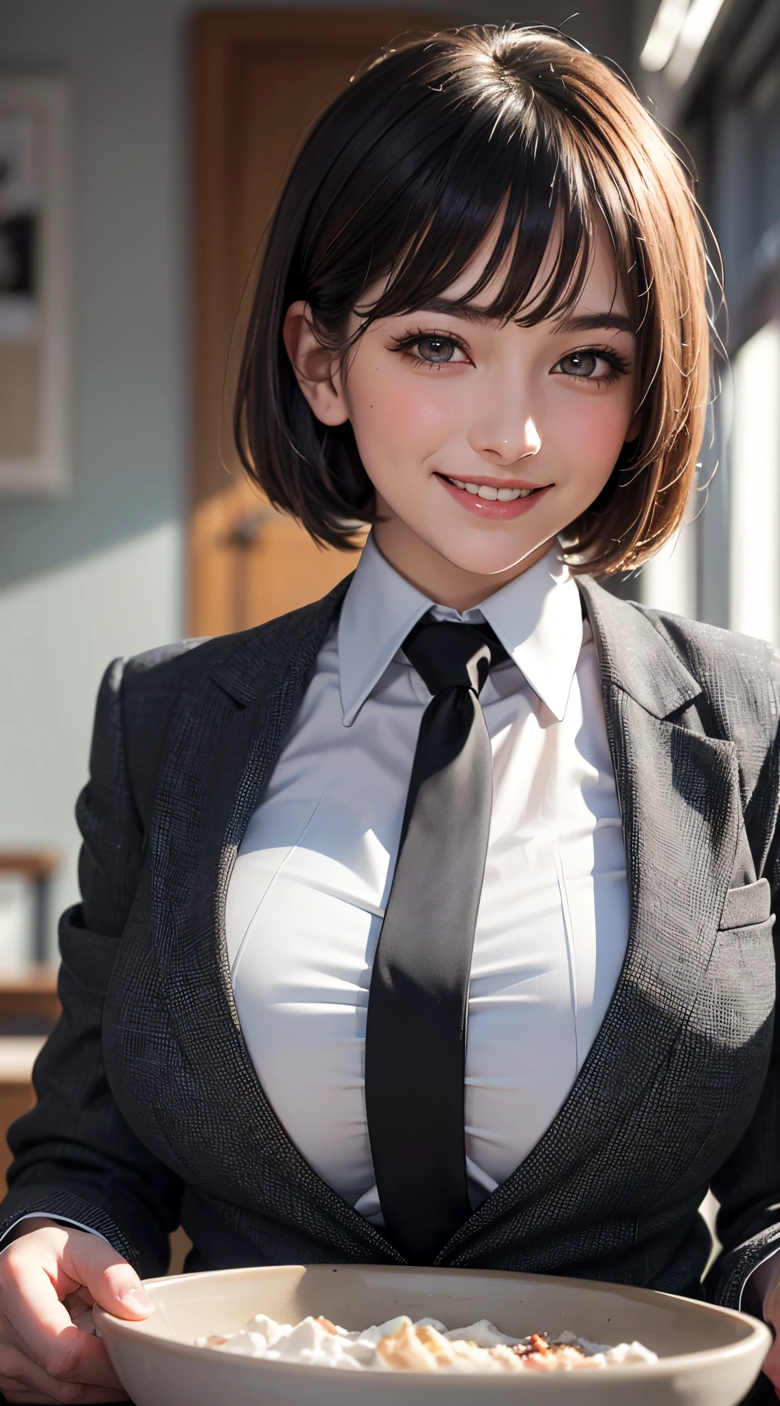 (UHD, retina, masterpiece, ccurate, anatomically correct, textured skin, super detail, high details, high quality, best quality, highres, 1080P, HD, 4K, 8k, 16k), (beautiful detailed eyes, beautiful detailed lips, extremely detailed eyes and face), studio lighting, physically-based rendering, vivid coloris, (tits, super big tits, super extra big tits, glamorous body), (black color, business skirt suit, business shirt:1.5), (portrait, bowl cut, shiny hair, shiny skin), (bokeh), (tilt your head to the side:1.5), eye reflection, (blush, smile and laugh:1.5),