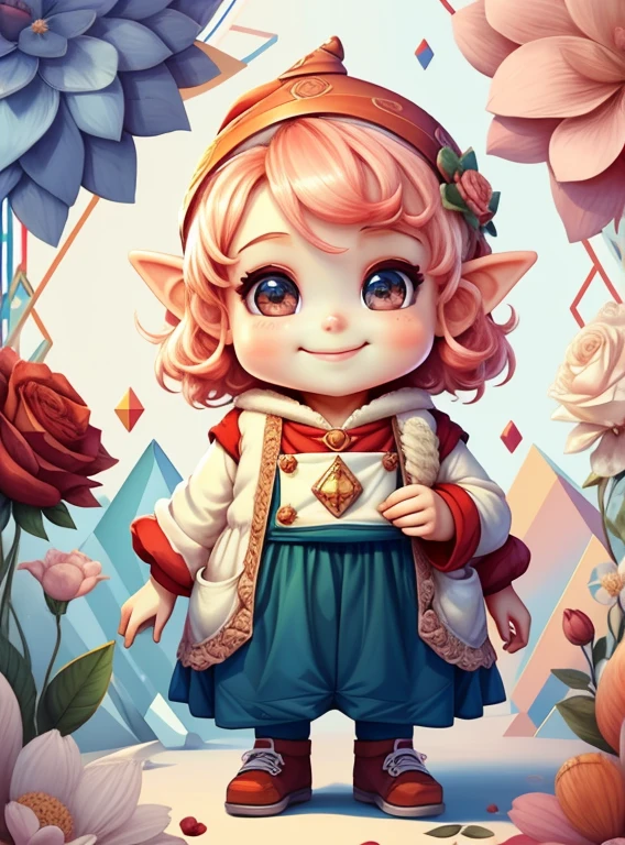 (cute  gnome smiling with flowers) stylized identical to 1940 |)), acolchoamento ,multidimensional geometric wall PORTRAIT, arte, Chibi,
Yang016K, lindo,(( cor vermelha predominante, rosa e branco))
Primary works, qualidade superior, melhor qualidade, Arte Oficial, Lindo e Estetaduardo Kobra acolchoamento ,multidimensional geometric wall PORTRAIT, arte, Chibo,detalhes