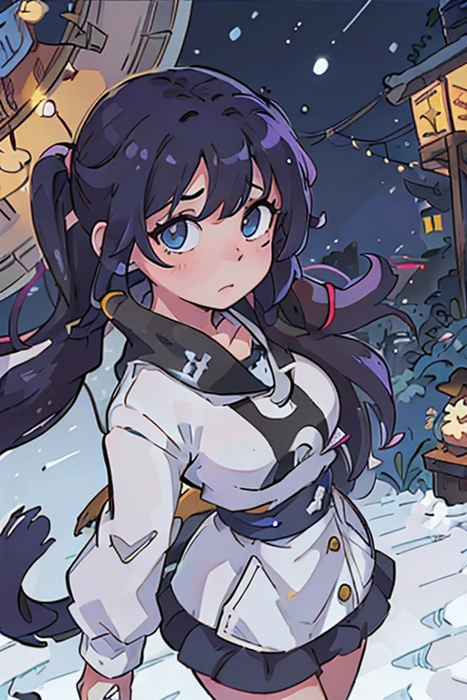 Anime style, al aire libre, 1pared, wide angle,1mujer, hermosa mujer, very beautiful woman, cabello color ????? con luces blancas, ojos heterocromia, heterocromia azul y amarillo, ojos azul y amarillo, orejas de zorro, kemonomimi, cola de zorro, fox tail, Cabello trenzado, twintails largas, bashful, avergonzado, blushed, wide angle, Pov, desde arriba, En pie, bufanda en cuello, bufanda grande en cuello, abrigo calido, abrigo grande, clima nevado, christmas city background, ciudad moderna, christmas glowing lights, (bien), rayos de luz, resplandecer, (Obra maestra), papel tapiz, extreme detail description,cuerpo completo, profesional, Retratos, Paisaje, Cinematographer, invierno, nieve, mujer de nieve, ojos azules, mejillas rojas, Abrigo de invierno, tiene abrigo invierno , Tetas grandes , Gran escote ,Guantes de nieve ,mirando hacia el cielo nocturno