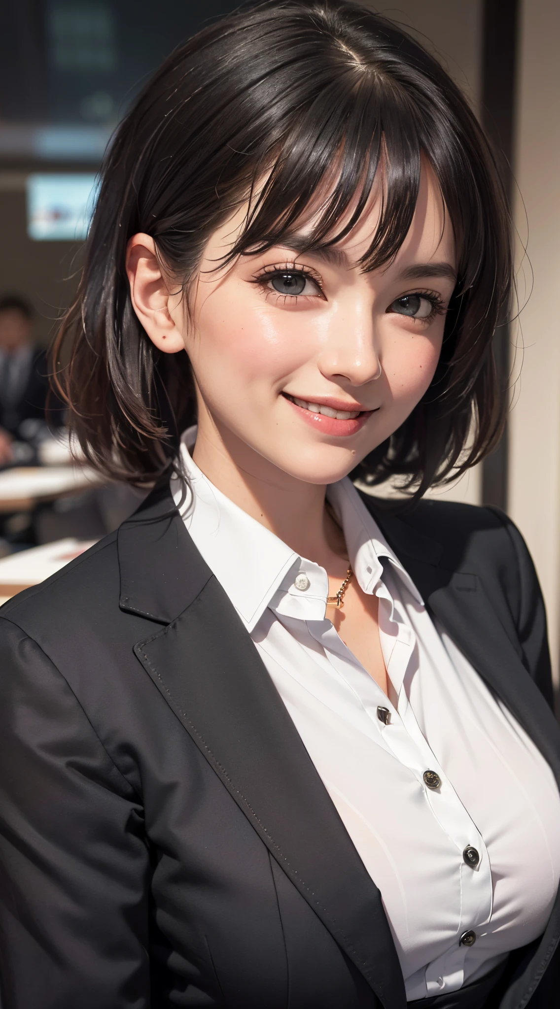 (UHD, retina, masterpiece, ccurate, anatomically correct, textured skin, super detail, high details, high quality, best quality, highres, 1080P, HD, 4K, 8k, 16k), (beautiful detailed eyes, beautiful detailed lips, extremely detailed eyes and face), studio lighting, physically-based rendering, vivid colors, (tits, super big tits, super extra big tits, glamorous body), (black color, business skirt suit, business shirt:1.5), (portrait, bowl cut, shiny hair, shiny skin), (bokeh), (tilt your head to the side:1.5), eye reflection, (blush, smile and laugh:1.5),