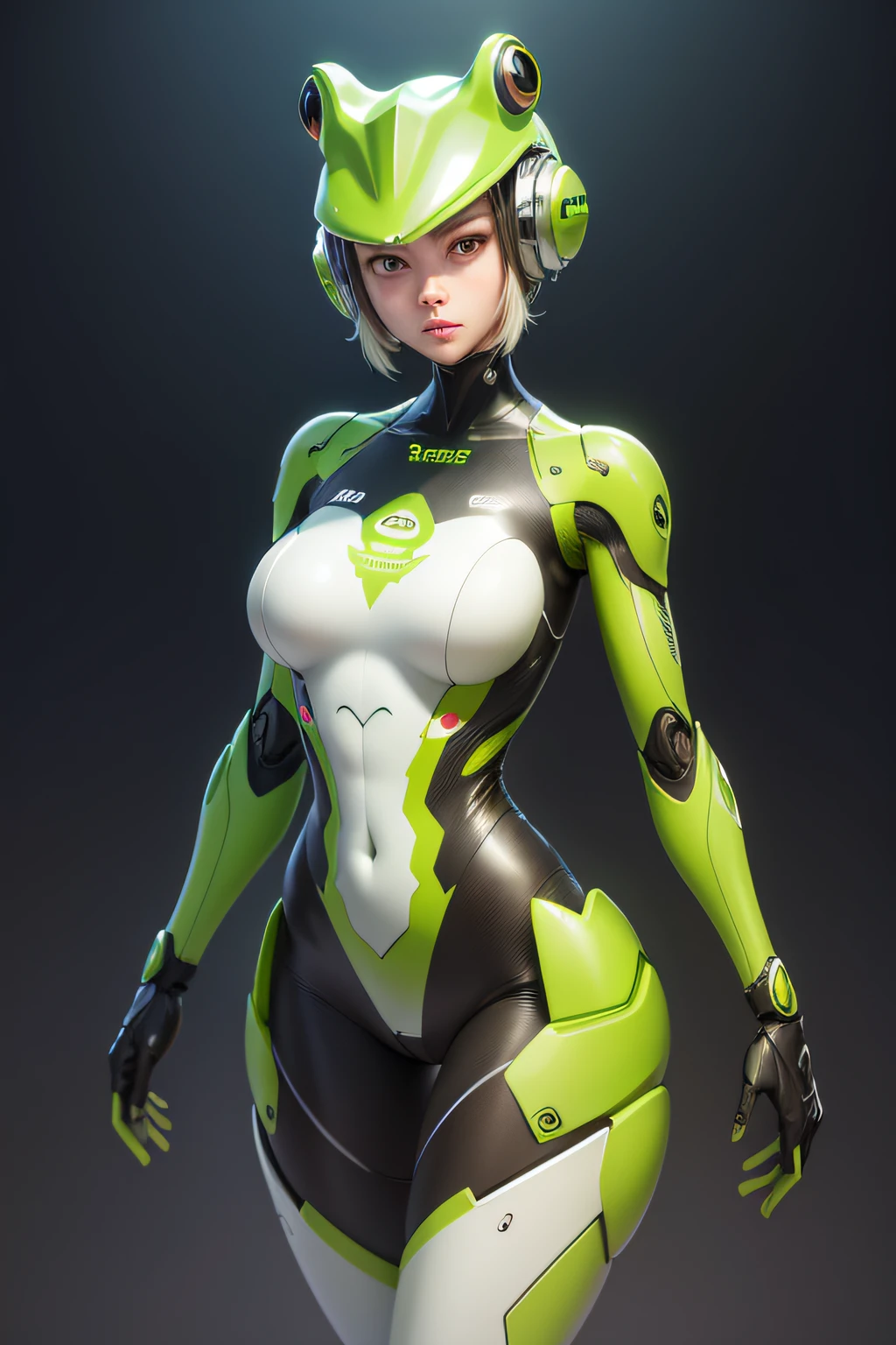 A female robot designed like a frog costume　my head is like that&#39;he wears a frog-shaped helmet.&#39;Head of., nffsw, retinas, masutepiece, ccurate, Anatomically correct, Textured skin, Super Detail, high details, High quality, Best Quality, hight resolution