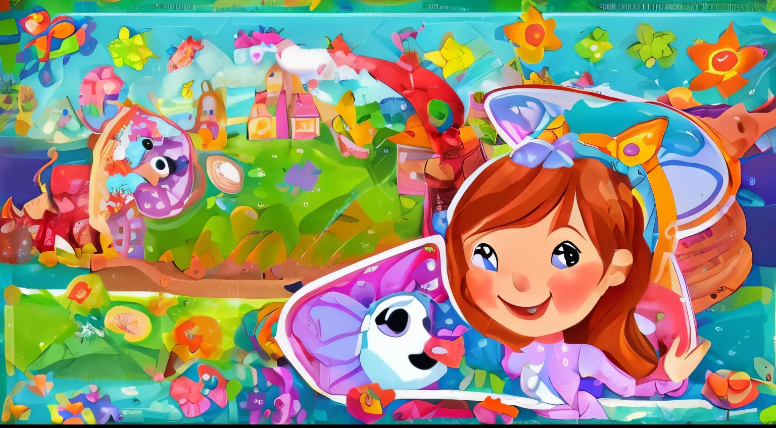 Educational and enchanting, design a captivating logo for a children's channel with a colorful fairy tale world featuring smiling characters, wonderful animals, and educational elements, all within the imaginative form of an open storybook enhanced by a vibrant splash of colors.