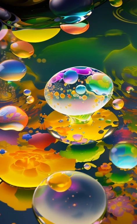 Close-up of a bunch of bubbles floating on water, psychedelic droplets of water, floating spheres and shapes, Elegant rainbow bubbles, glass orbs, glass orbs, 3D fluid simulation rendering, Rainbow bubbles, underwater bubbles, elegant bubbles, Many floating spheres, Floating bubbles, Beautiful composition 3 - D 4 K, Water bubbles