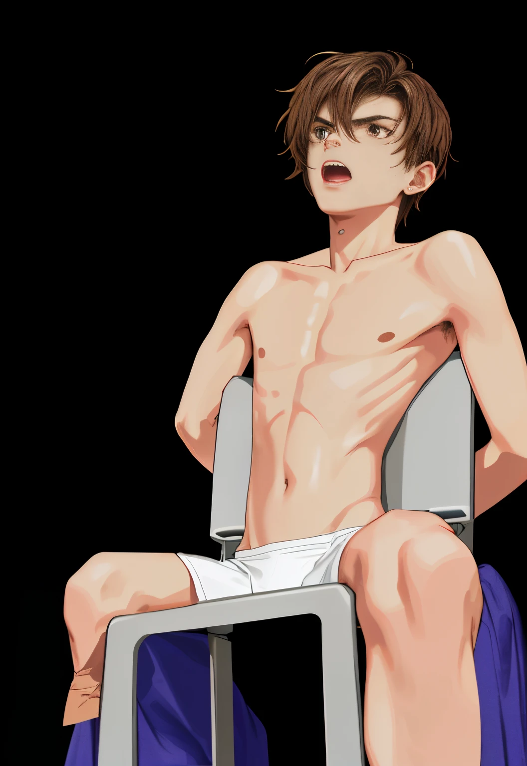 (absurdres, highres, ultra detailed, HDR), masterpiece, best quality, boy, 25 year old, medium skin colour, twink, skinny, smooth body, brown hair, topless, tied to chair, hurt, pain, angry