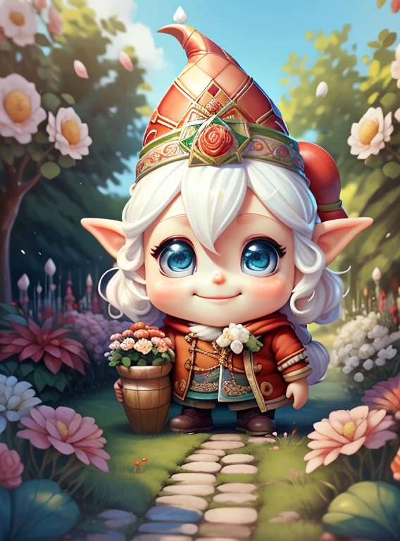 (cute  gnome smiling with flowers in beautiful garden) stylized identical to 1940 |)), acolchoamento ,multidimensional geometric wall PORTRAIT, arte, Chibi,
Yang016K, lindo,(( cor vermelha predominante, rosa e branco))
Primary works, qualidade superior, melhor qualidade, Arte Oficial, Lindo e Estetaduardo Kobra acolchoamento ,multidimensional geometric wall PORTRAIT, arte, Chibo,detalhes