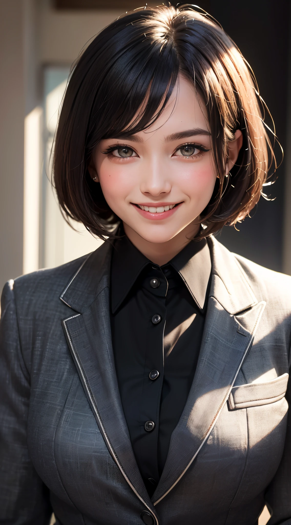(UHD, retina, masterpiece, ccurate, anatomically correct, textured skin, super detail, high details, high quality, best quality, highres, 1080P, HD, 4K, 8k, 16k), (beautiful detailed eyes, beautiful detailed lips, extremely detailed eyes and face), studio lighting, physically-based rendering, vivid colors, (tits, super big tits, super extra big tits, glamorous body), (black color, business skirt suit, business shirt:1.5), (portrait, bowl cut, shiny hair, shiny skin), (bokeh), (tilt your head to the side:1.5), eye reflection, (blush, smile and laugh:1.5),