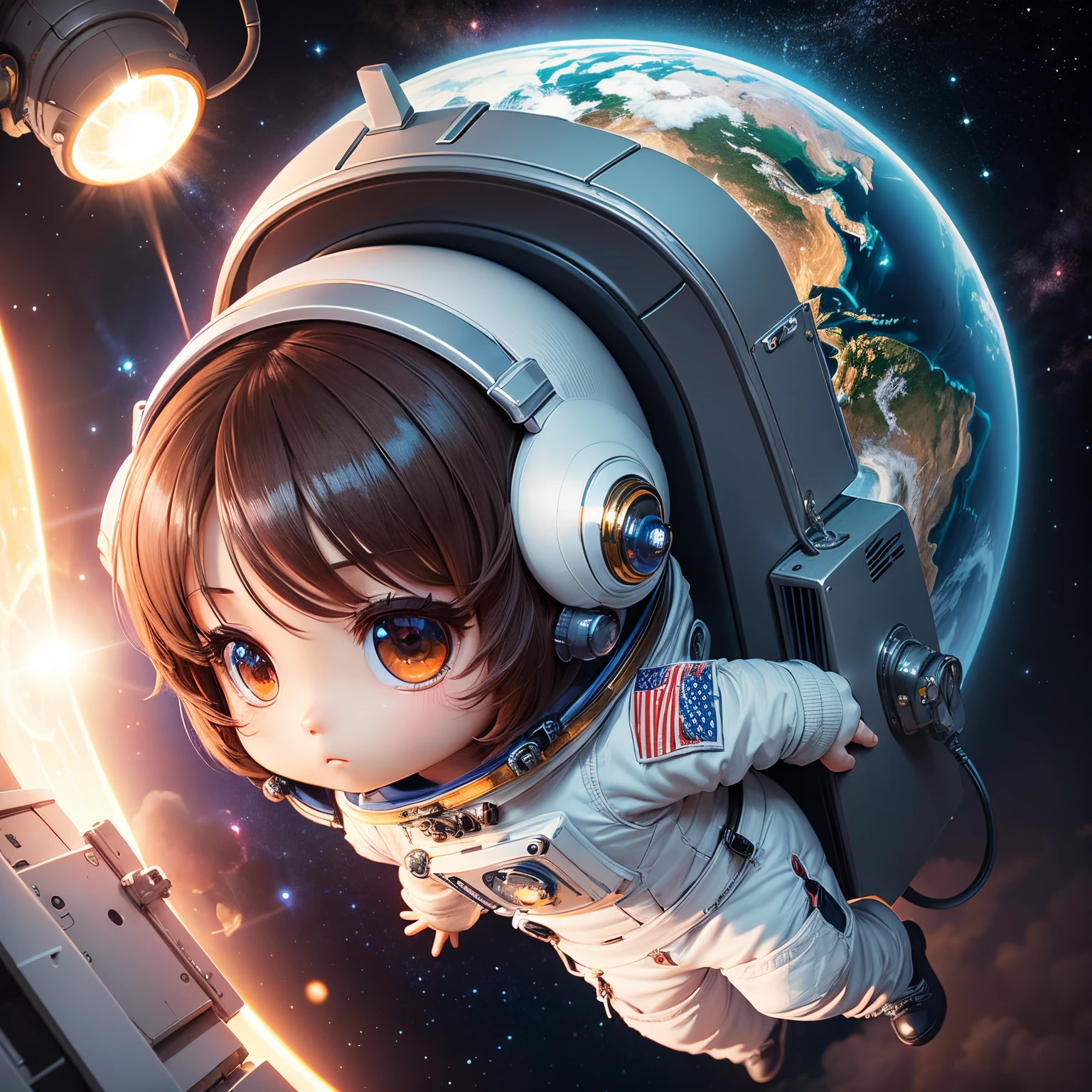 ​masterpiece、top-quality、ultra-detailliert、(Chibi character astronaut:1.2)、intergalactic、(the only earth:1.3)