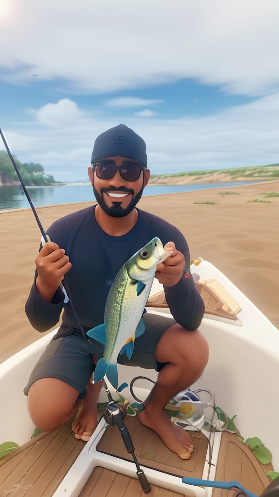 uma imagem cativante que retrata um personagem principal, a dark-skinned, bald Japanese man, com olhos puxados e pequenos, orelha pontuda. pele escura, barba, immersed in his lovely hobby of fishing. The scene unfolds in a picturesque setting, with serene waters and vibrant sunset reflections. O personagem, wearing comfortable clothes to fish, holds a fishing rod with an excited expression as he watches the fishing line stretch. Ao seu redor, elementos da natureza, like leafy trees and birds, contribute to the quiet and peaceful atmosphere. The image must capture the essence of the character&#39;passion for fishing, transmitting serenity and satisfaction. Details such as the golden reflection of the sun on the water and the character&#39;The serene expression of fishing is essential to creating an engaging visual narrative.. -se de incorporar elementos que destaquem a magia do momento, fazendo com que o espectador se sinta imerso na beleza e na tranquilidade desse hobby especial.