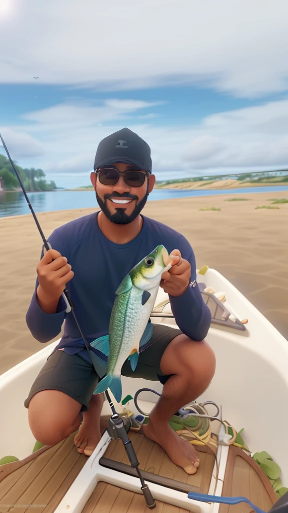 uma imagem cativante que retrata um personagem principal, a dark-skinned, bald Japanese man, com olhos puxados e pequenos, orelha pontuda. pele escura, barba, immersed in his lovely hobby of fishing. The scene unfolds in a picturesque setting, with serene waters and vibrant sunset reflections. O personagem, wearing comfortable clothes to fish, holds a fishing rod with an excited expression as he watches the fishing line stretch. Ao seu redor, elementos da natureza, like leafy trees and birds, contribute to the quiet and peaceful atmosphere. The image must capture the essence of the character&#39;passion for fishing, transmitting serenity and satisfaction. Details such as the golden reflection of the sun on the water and the character&#39;The serene expression of fishing is essential to creating an engaging visual narrative.. -se de incorporar elementos que destaquem a magia do momento, fazendo com que o espectador se sinta imerso na beleza e na tranquilidade desse hobby especial.