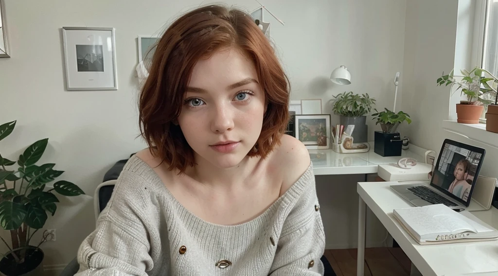 A red headed girl, grey eyes, shorter hair, pale, close up, multiple piercing, making lo-fi photo on webcam, focus on face, cozy room, plants on background, white painted walls, sitting in computer chair, sitting behind desk, sweater with open shoulder, paler colors
